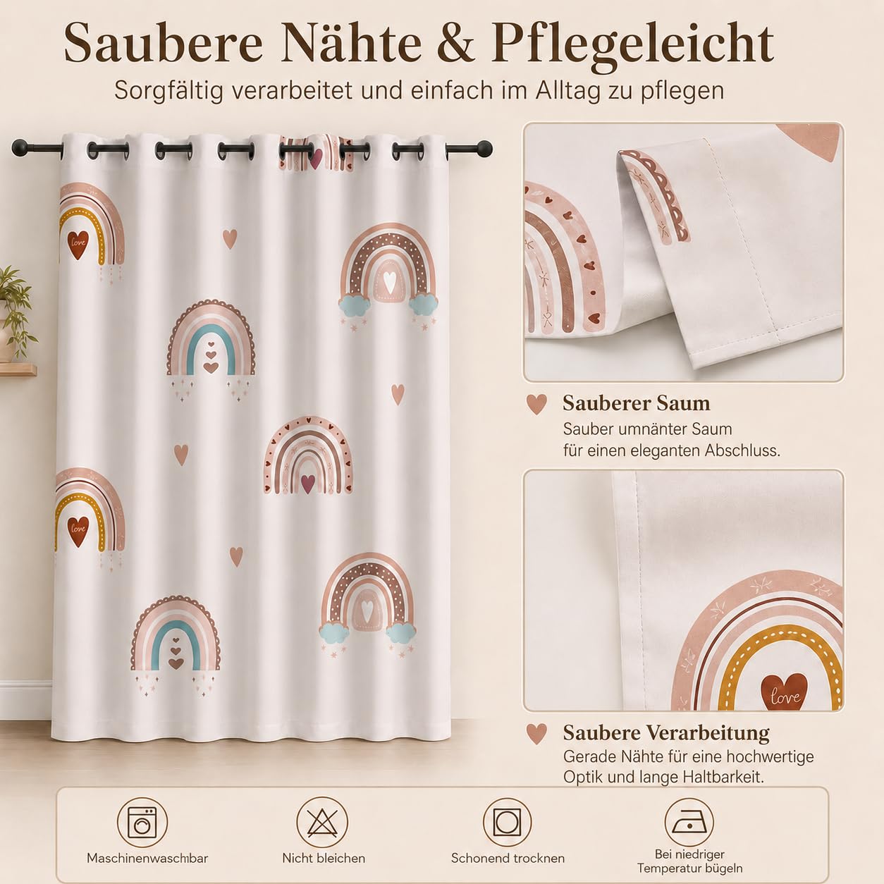 Vorhänge Regenbogen, Verdunkelungsvorhang Boho Liebesherz mit Ösen, Vorhang Blickdicht Thermovorhang für Schlafzimmer Wohnzimmer Kinderzimmer, Ombre Gardinen Deko 2er Set 160 x 100 cm (HxB) T-176