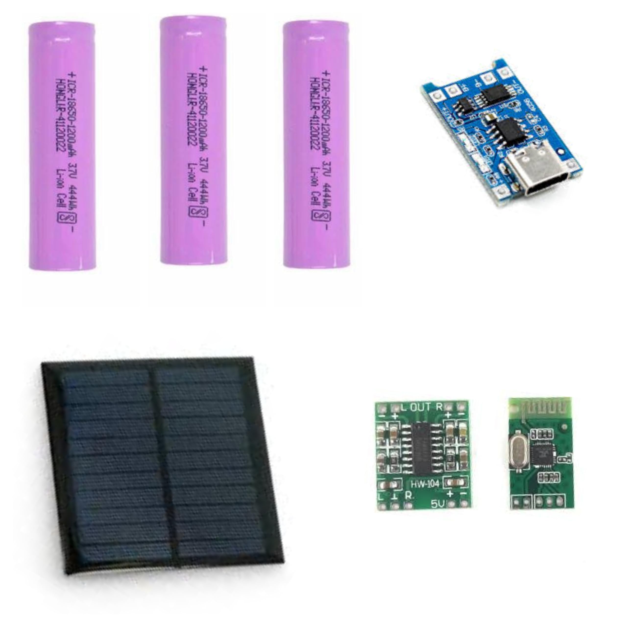 Luvik Combo of 5 Volt Mini 70 * 70mm Solar Panel + Pam8403 with TP4056 Micro USB 5V 1A Charger Module with Bluetooth Chip Audio Receiver and PAM8403 Stereo Amplifier Kit and 3 Pcs 1200mAh Cell