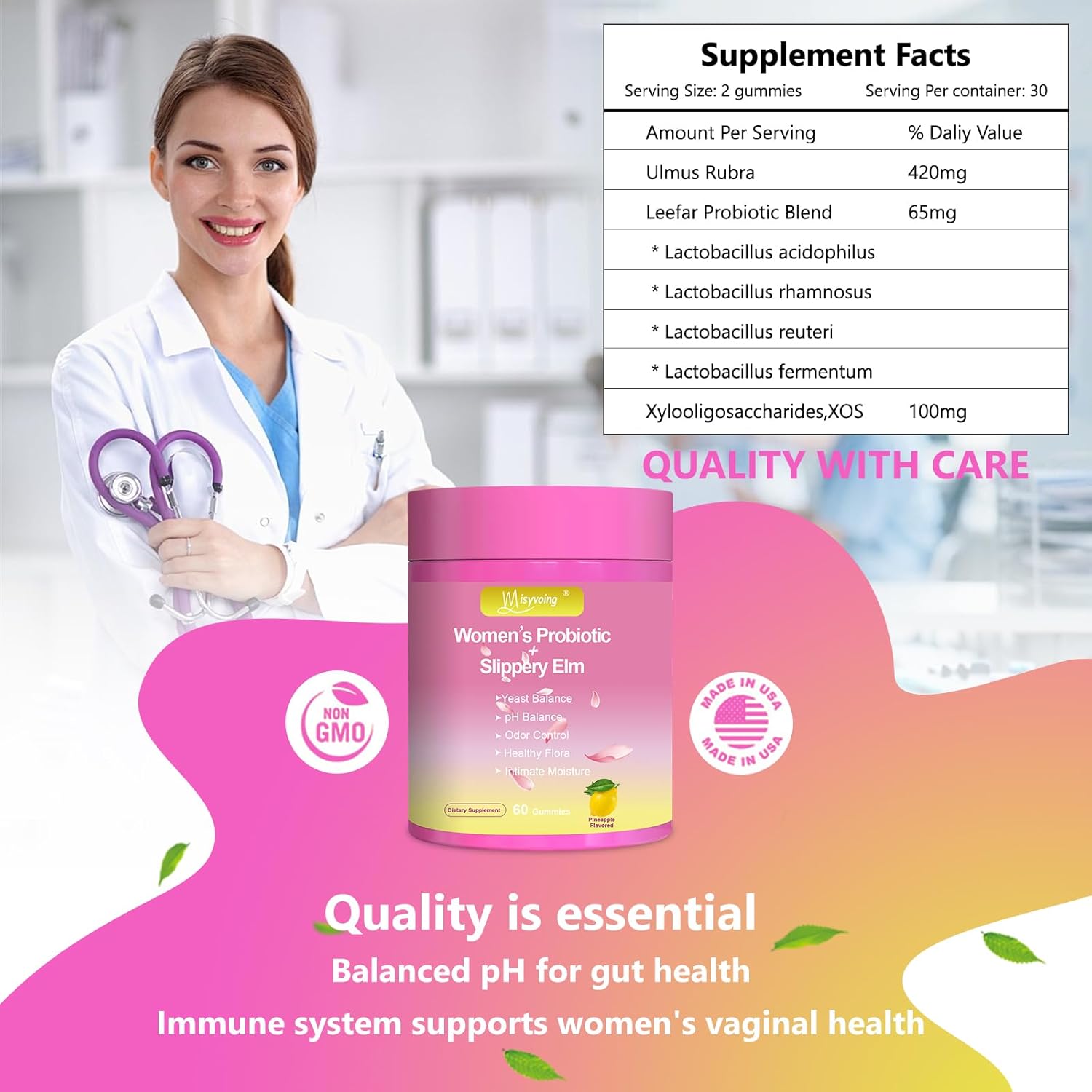 Her Juicy Feminine Probiotics Gummies for pH Balance - Slippery Elm, Lactobacillus Blend - Gut & Immune Support - Pineapple Gummies, 60 Count (Lemon) - Image 6