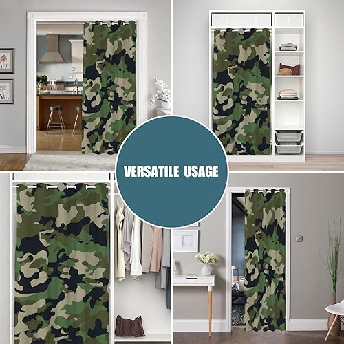 Miniatura 5 de Cortinas de puerta de camuflaje verde oscuro para puertas, cortina opaca abstracta de camuflaje de cazador de bosques para armario de dormitorio,