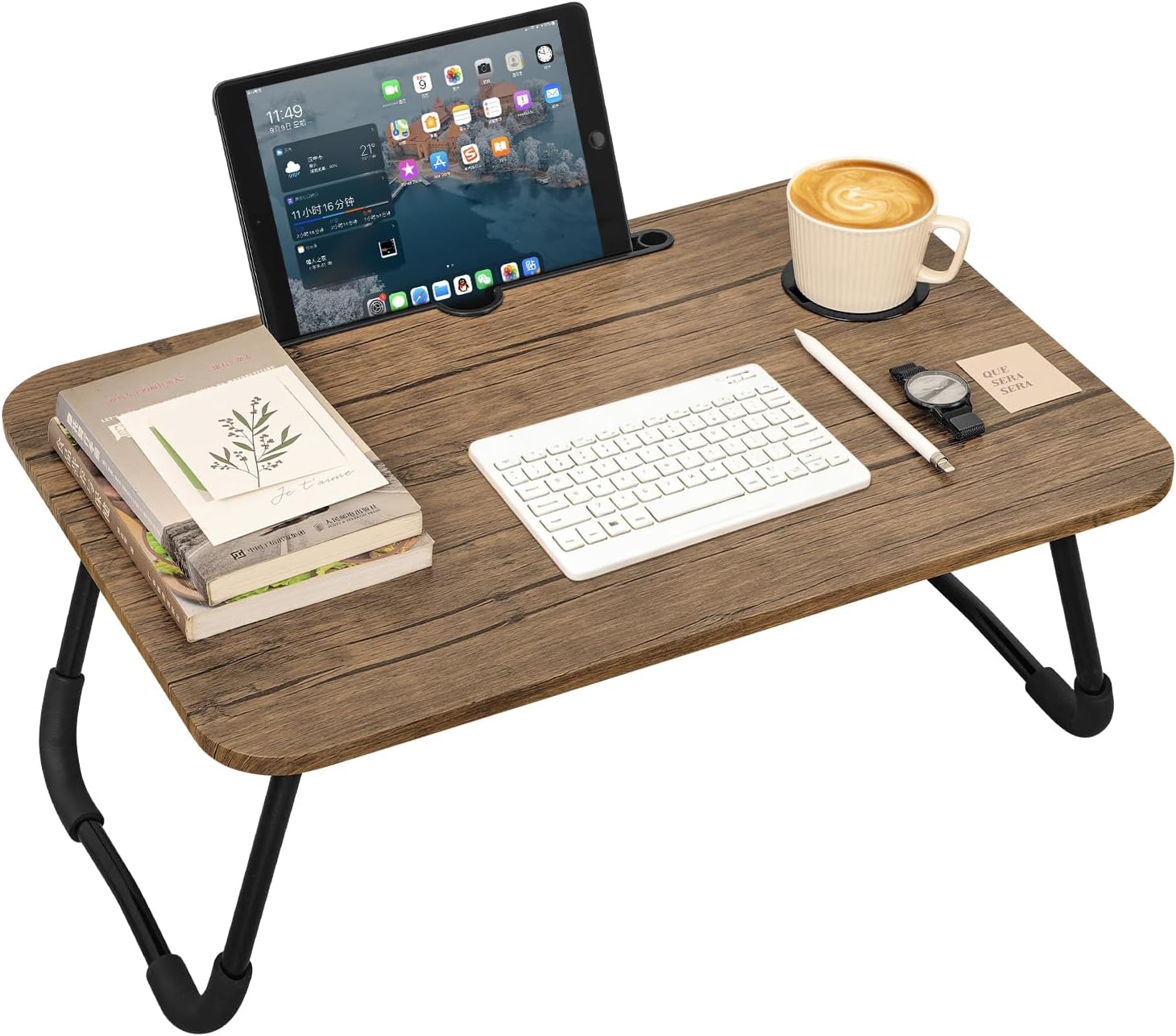 Bed Table Tray with Folding Legs Wood Lap Desk for Laptop Small Lap Table with Cup and Tablet Holders Portable Lap Tray Desks for Couch Sofa Eating Reading Working