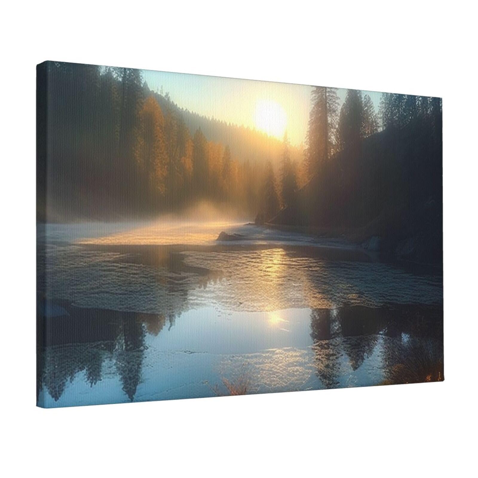 Canvas Wall Art for Living Room Wall Decor 12"x18" Modern Artwork Painting Pictures Hanging Canvas Prints Sunrise over mountain forest lake Aesthetic Wall Art for Bedroom Bathroom Office Wallart Decor