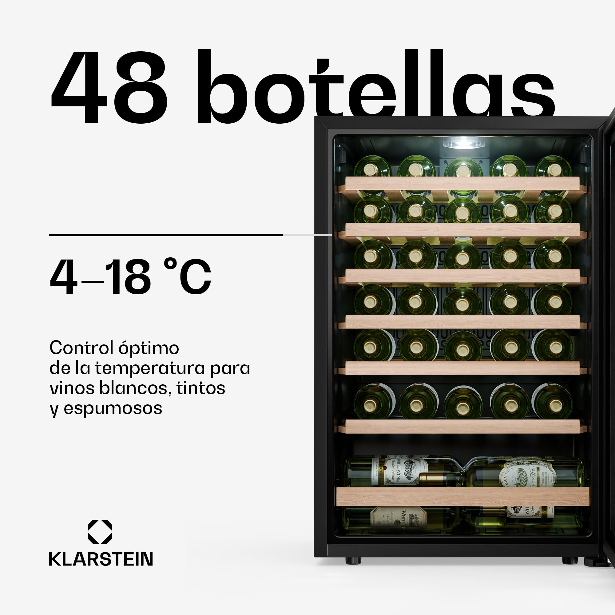 KLARSTEIN Bevora Frigorífico 48 botellas – Enfriador de vino independiente, controles táctiles 4-18 °C, puerta de cristal UV, luz LED, estantes de madera