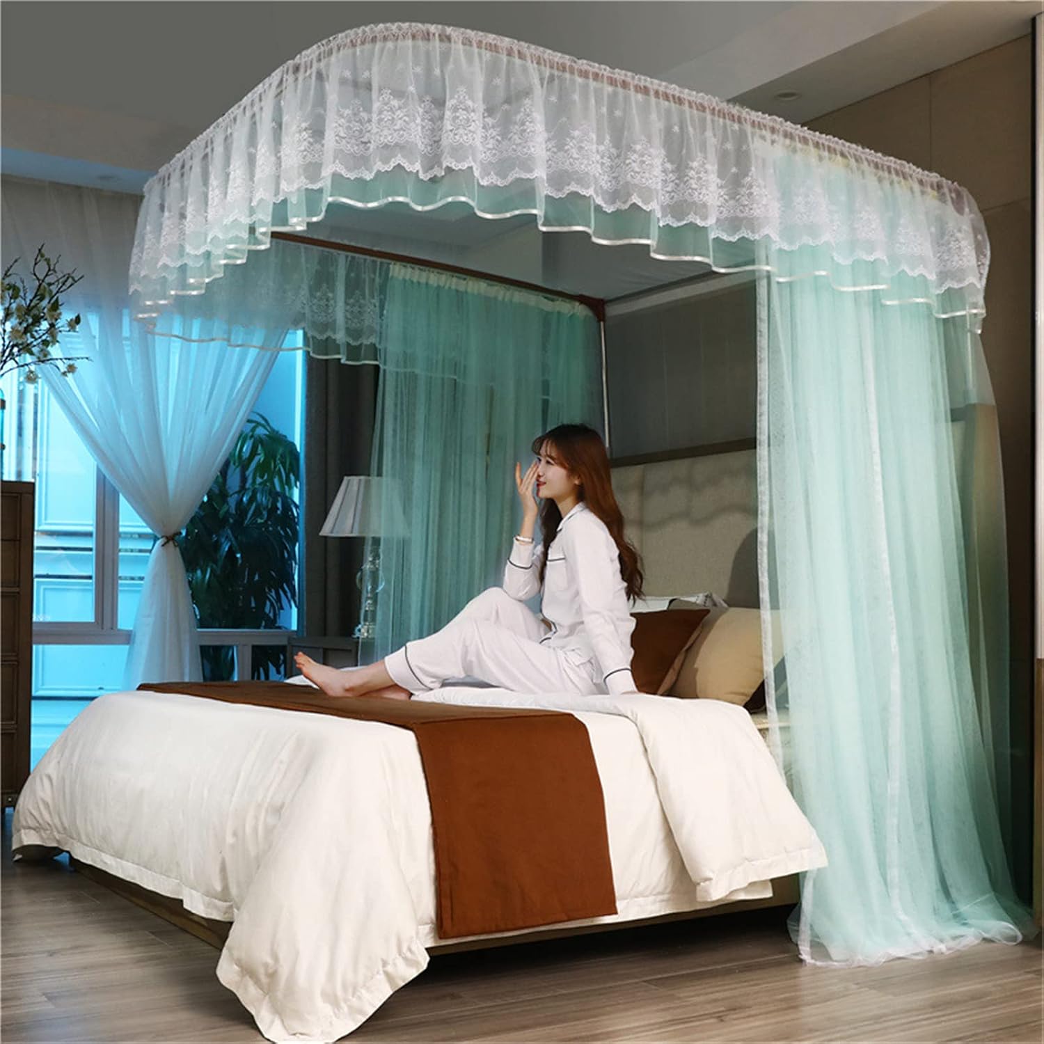 Fine Mosquito Net Canopy Bedroom Bed Curtains Frame Draperies for Single for Double Bed U-Shaped Bold Aluminum Alloy Track Bracket Guide Rail Floor-Standing Three Doors (Green1 180X220X205cm