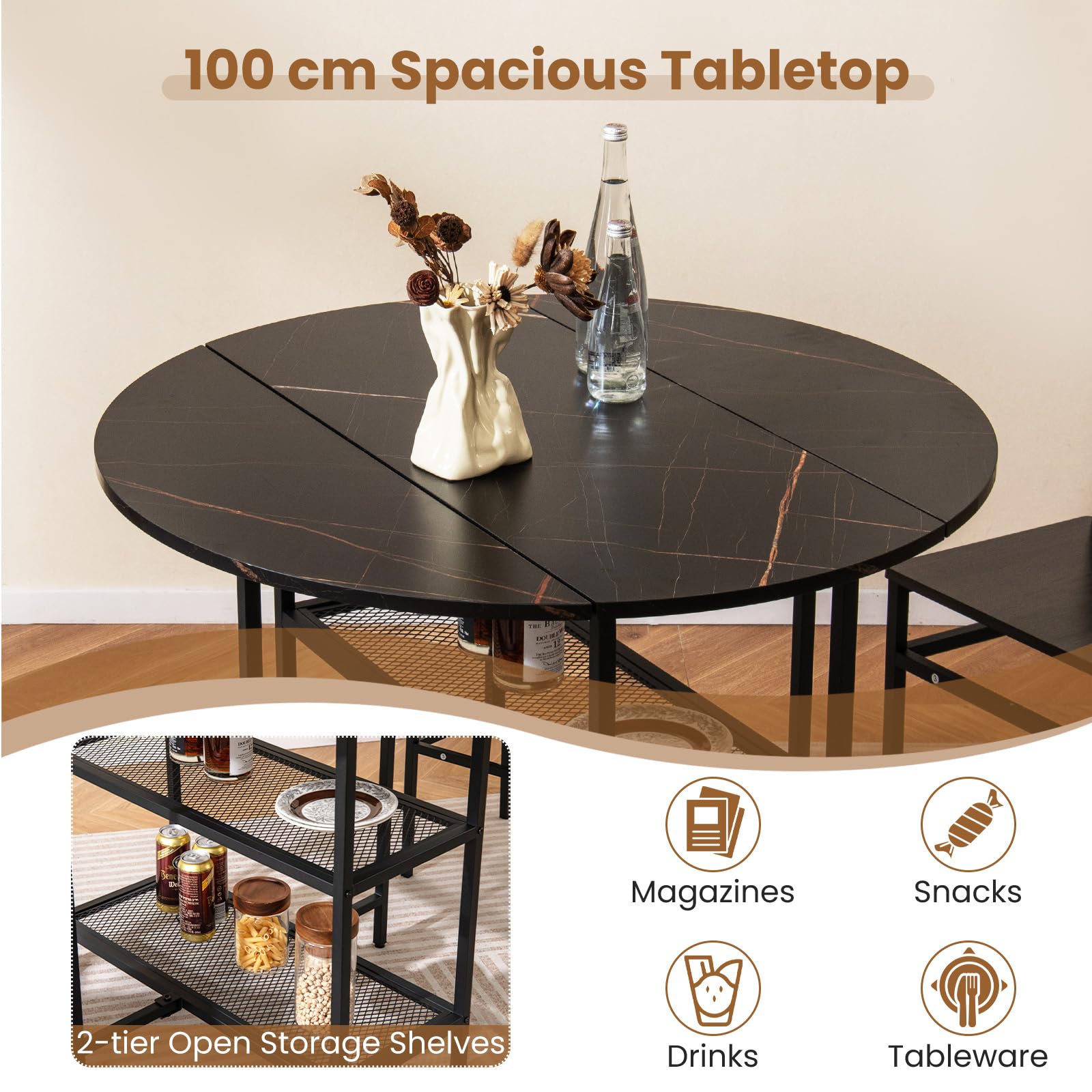 LIFEZEAL Tavolo da pranzo rotondo, 100 cm, tavolo da cucina moderno con piano pieghevole, struttura in marmo, struttura in metallo, mobile allungabile pieghevole per interni con 2 ruote (nero)