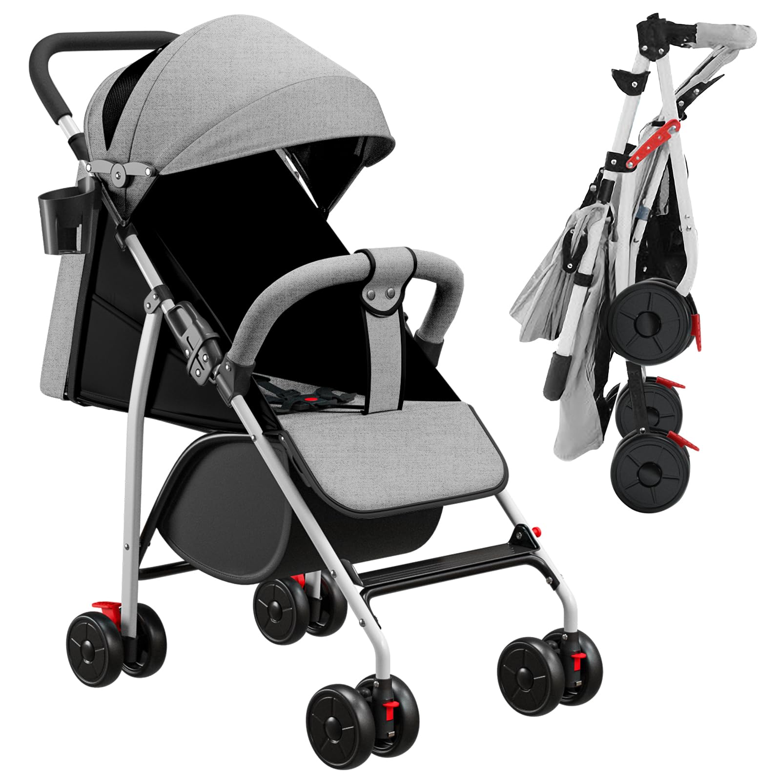 cochecito compacto de caña de 0 a 4 años (30 kg máx.), ligero (4,10 kg), cochecito de caña bebe confort,plegable compacto e inclinable, con algodón, portavasos, parasol(Gris)