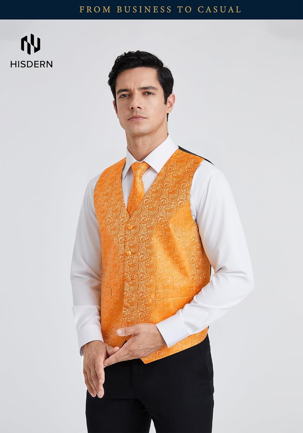 HISDERN Vest for Men Paisley Floral Orange Suit Vest Necktie and Pocket Square 3PC Formal Tuxedo Jacquard Waistcoat for Wedding Party - Image 2
