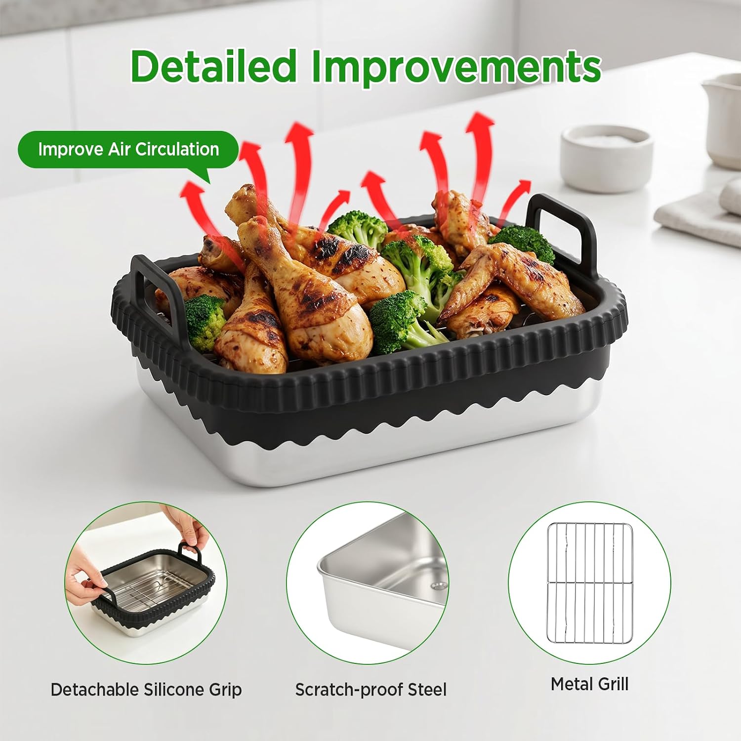 VINATO Stainless Steel Baking Mould with Cooking Grate and Silicone Handles, 21 x 16 x 5.5 cm, for Ninja AF400/AF451/AF500 Airfryer, Heat Resistant up to 400 °C, Oven Safe
