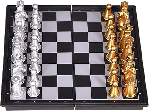 Miniatura 6 de Mini juego de ajedrez de 5 pulgadas, juego de mesa de viaje con tablero de ajedrez plegable magnético, portátil y para almacenar piezas de ajedrez,