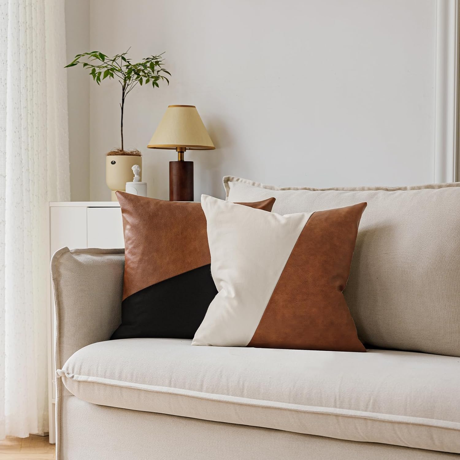 Set of 2 White and Brown Faux Leather Throw Pillow Covers 20X20 Inch Boho Modern Farmhouse Cotton Decorative Pillows for Couch Living Room Bedroom, Cognac