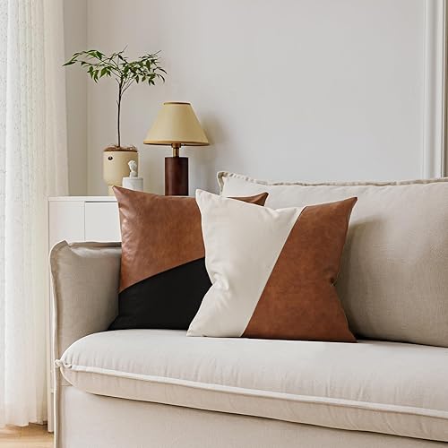 Miniatura 5 de GEGELICA Juego de 2 fundas de almohada de piel sintética de color negro y marrón de 20 x 20 pulgadas, almohadas decorativas de algodón estilo