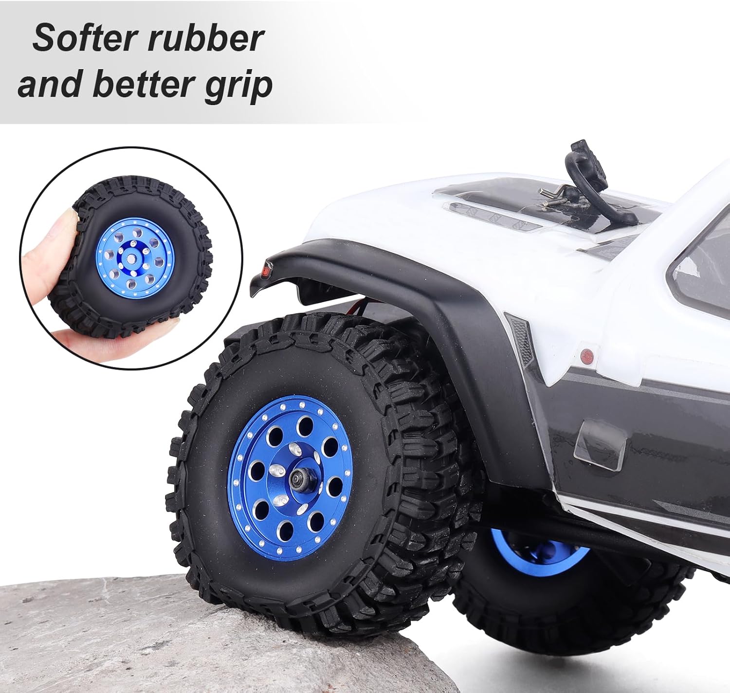 Hobbypark 1.0 Beadlock Wheels and Tires Metal Micro Crawler Tires w/Wheel Spacers Offset for 1/24 RC Crawler Car Axial SCX24 AXI90081 Deadbolt AXI00002 Jeep Wrangler (Set of 4) (Blue Rims)
