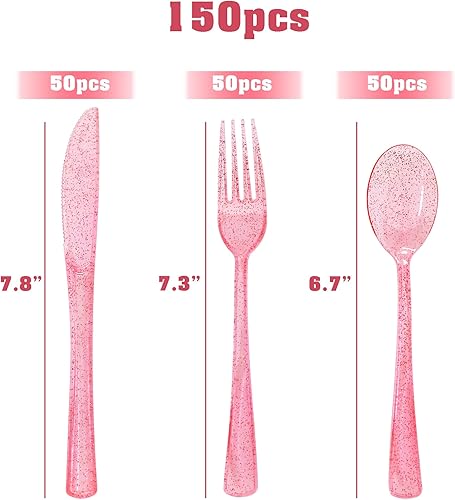 Miniatura 2 de Juego de 150 cubiertos de plástico de plástico, 50 tenedores rosados, 50 cuchillos rosados, 50 cucharas rosas para cumpleaños, bodas, baby shower,
