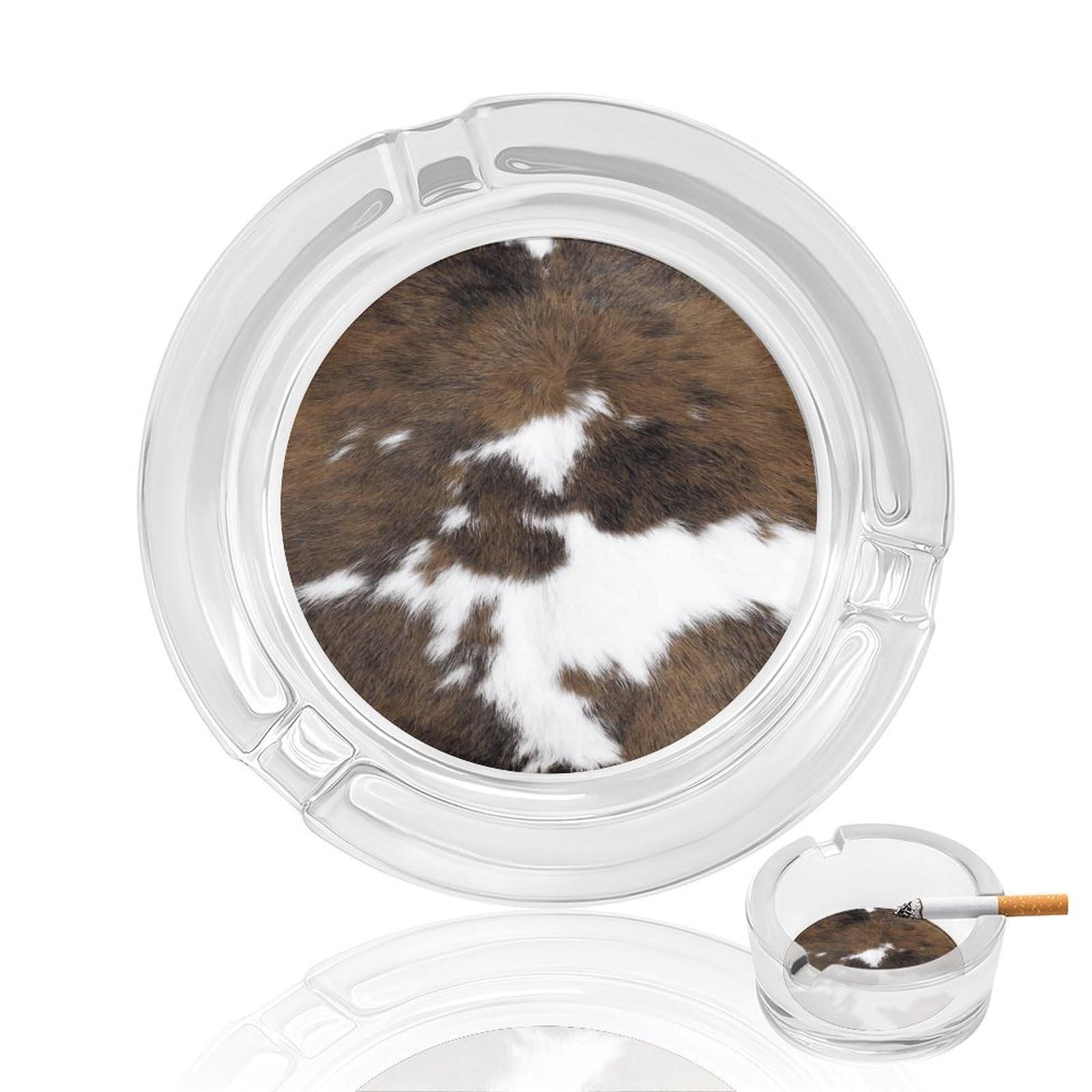 Cowhide Glass Ashtray 3.3 Inch Round Cigarette Ash Holder with 4 Grooves for Home Office Outdoor One Size