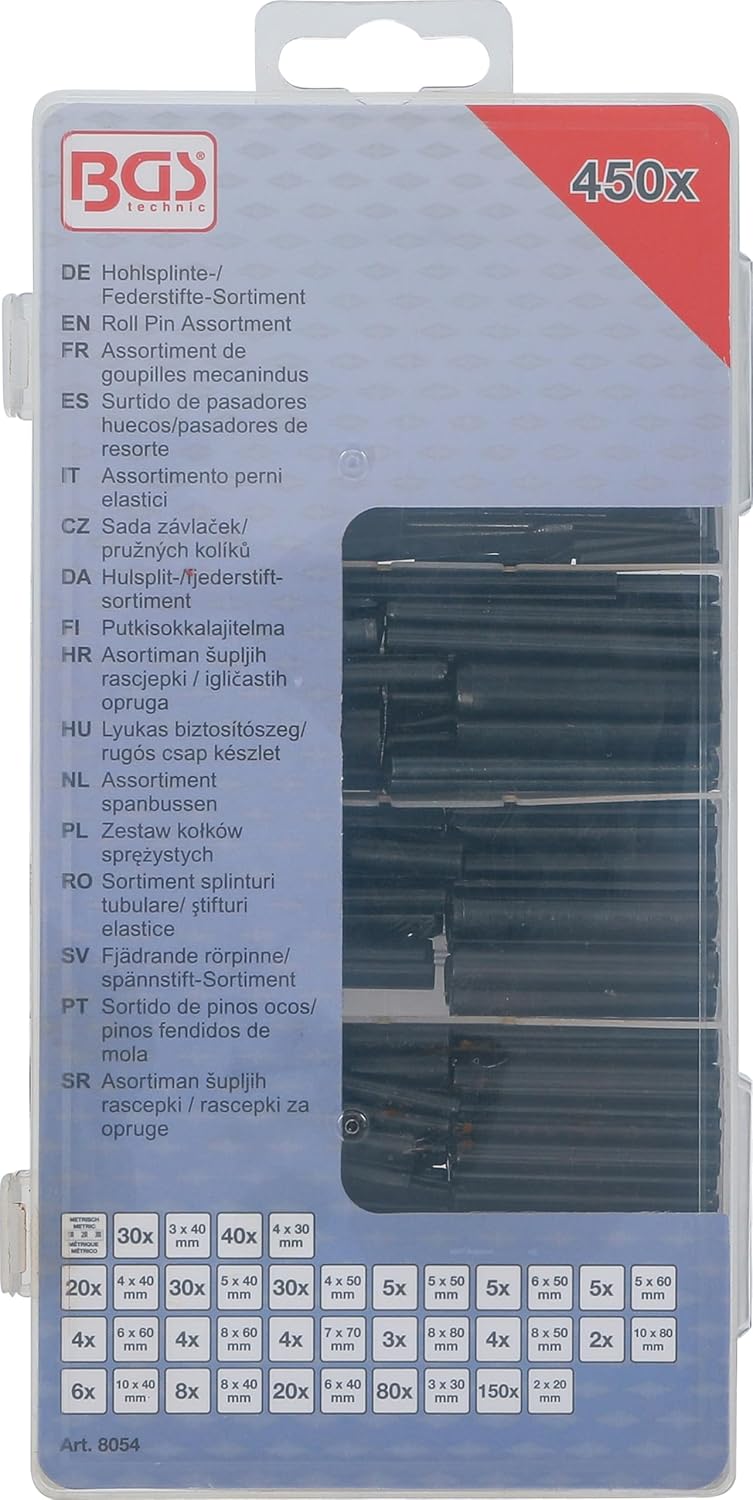BGS 8054 hollow split pin/Spring Bar Assortment, 450 Pieces