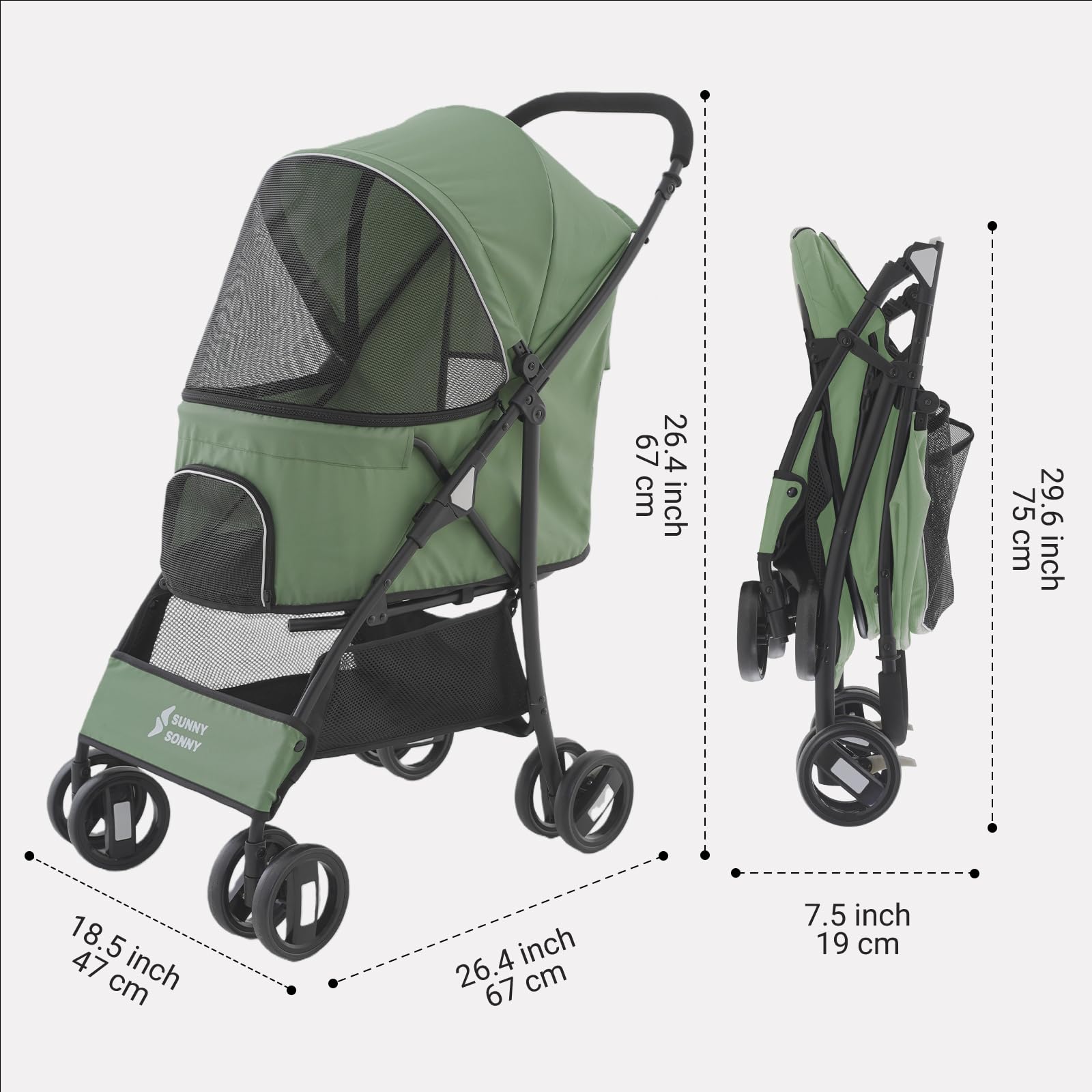 Sunny Sonny Passeggino pieghevole per animali domestici, con copertura per le intemperie, cestino portaoggetti, per cani e gatti S/M fino a 15 kg (verde)