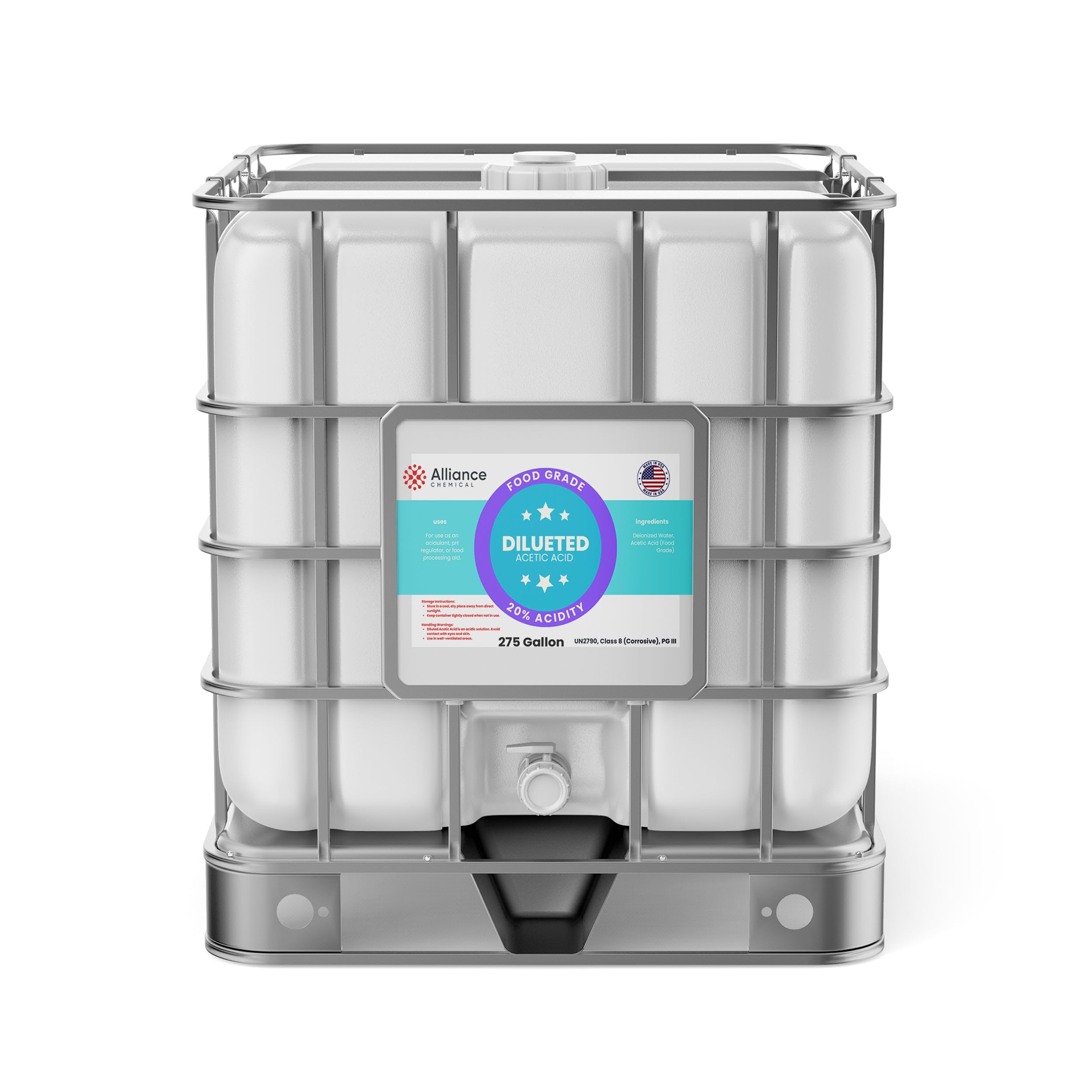 20% Diluted Acetic Acid Food Grade - 275 Gallon IBC Tote – for Industrial Cleaning, pH Adjustment, Metal Surface Treatment, and Chemical Processing