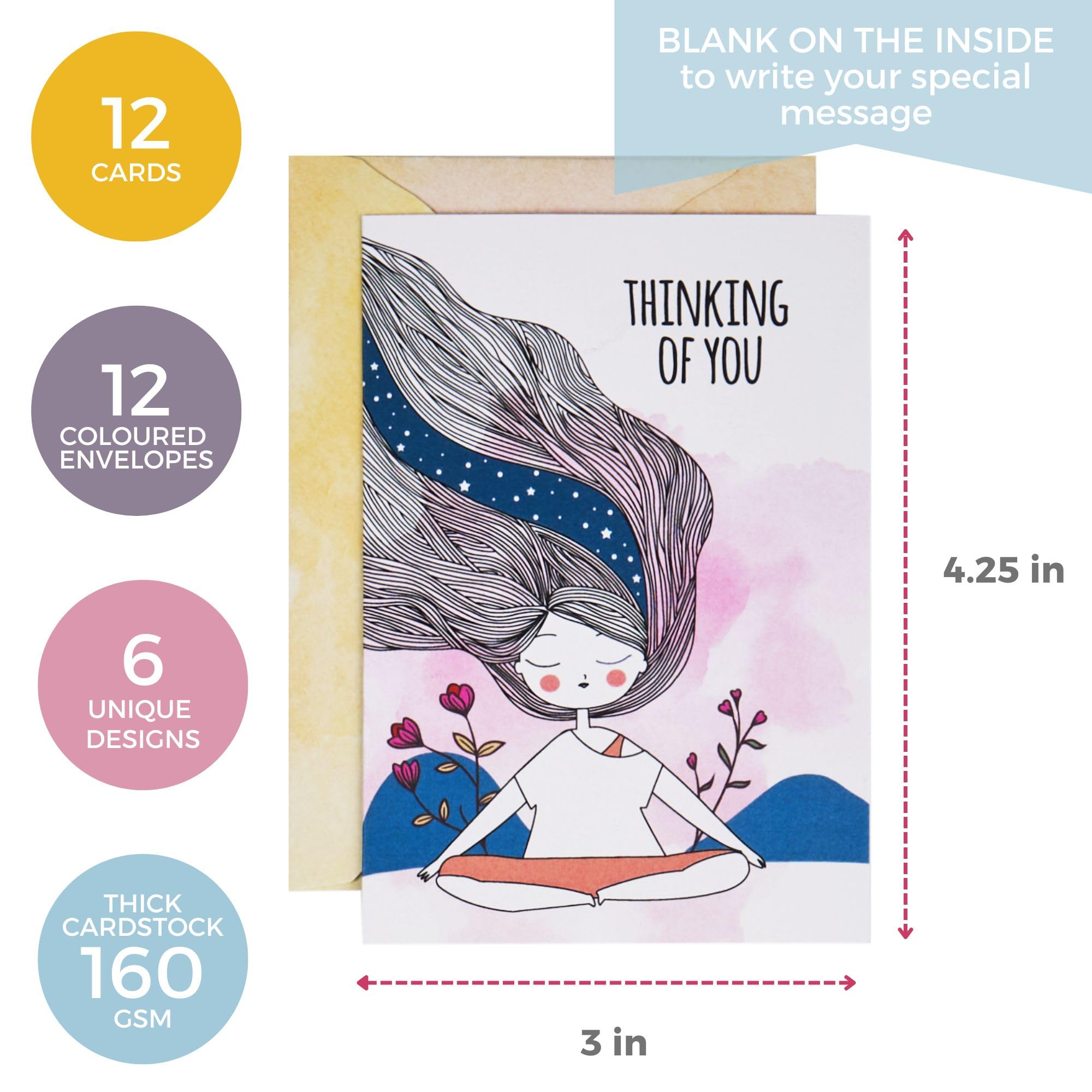 DOODLE Set of 12 Blank Notecards | Coloured Envelopes | Jacket Style Packaging | 6 Different Designs for all Occasions | 3 x 4.25 inches, 160 gsm - You and Me