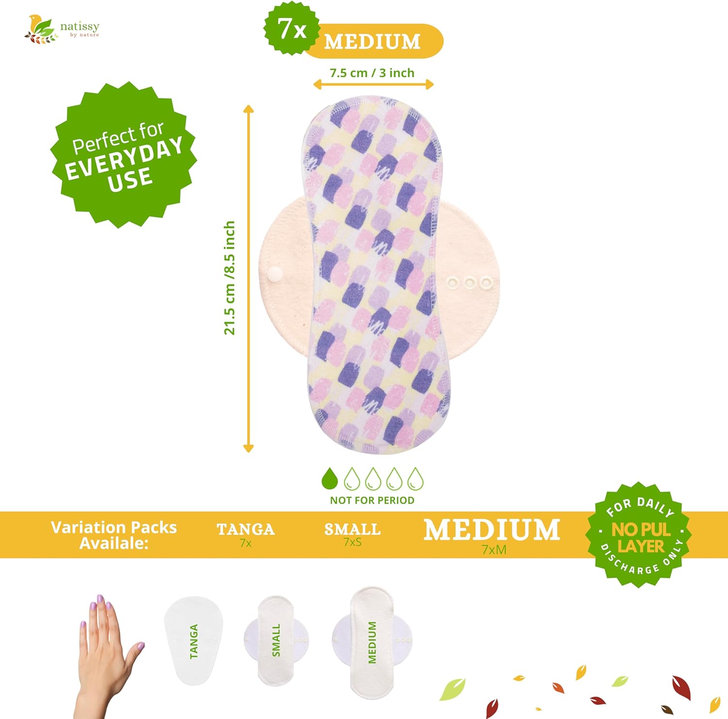 Cloth Panty Liners Thong 7-Pack (Small) Mini Organic Cotton Reusable Panty Liners for Women & Non Slip Reusable Panty Liners for Women 7-Pack (M) Organic Cotton Panty Liners Reusable