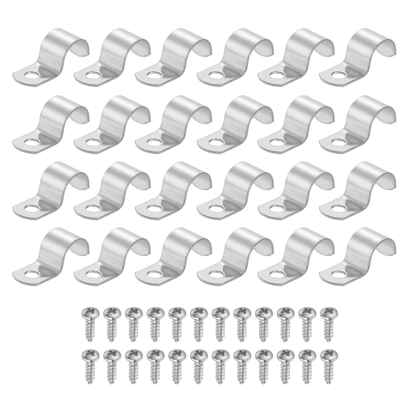 sourcing map 24Pcs 14mm Pipe Clips, 304 Stainless Steel Pipe Clamps One Hold U-Shaped Bracket Tension Tube Strap for Fixing Tube Cable, Silver