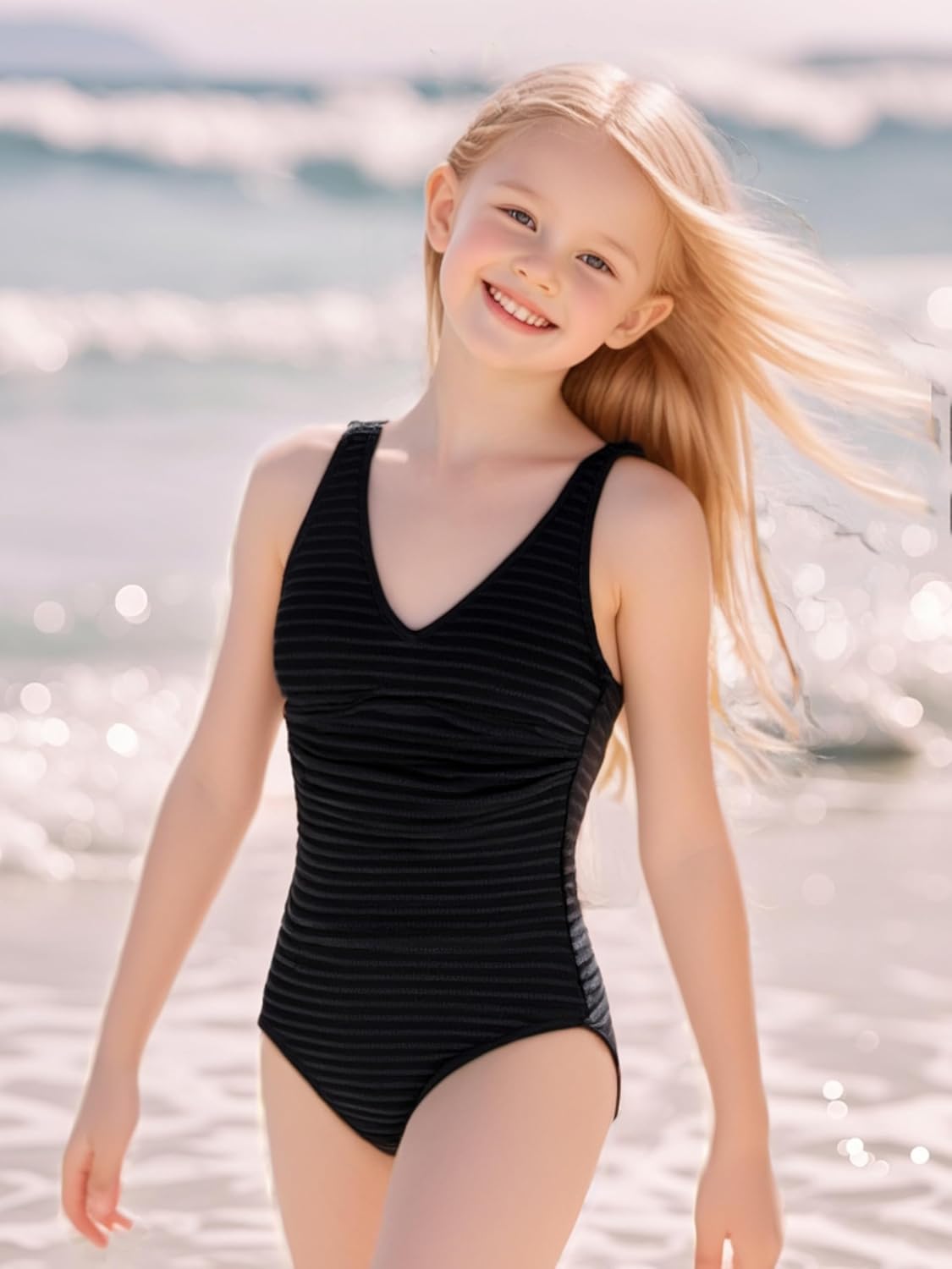 Girls Swimsuit One Piece Bathing Suit V Neck Girls' Swimwear Adjustable Straps Teen Girl Swimsuit Size 6-14Y Yizuoding006 - Image 2