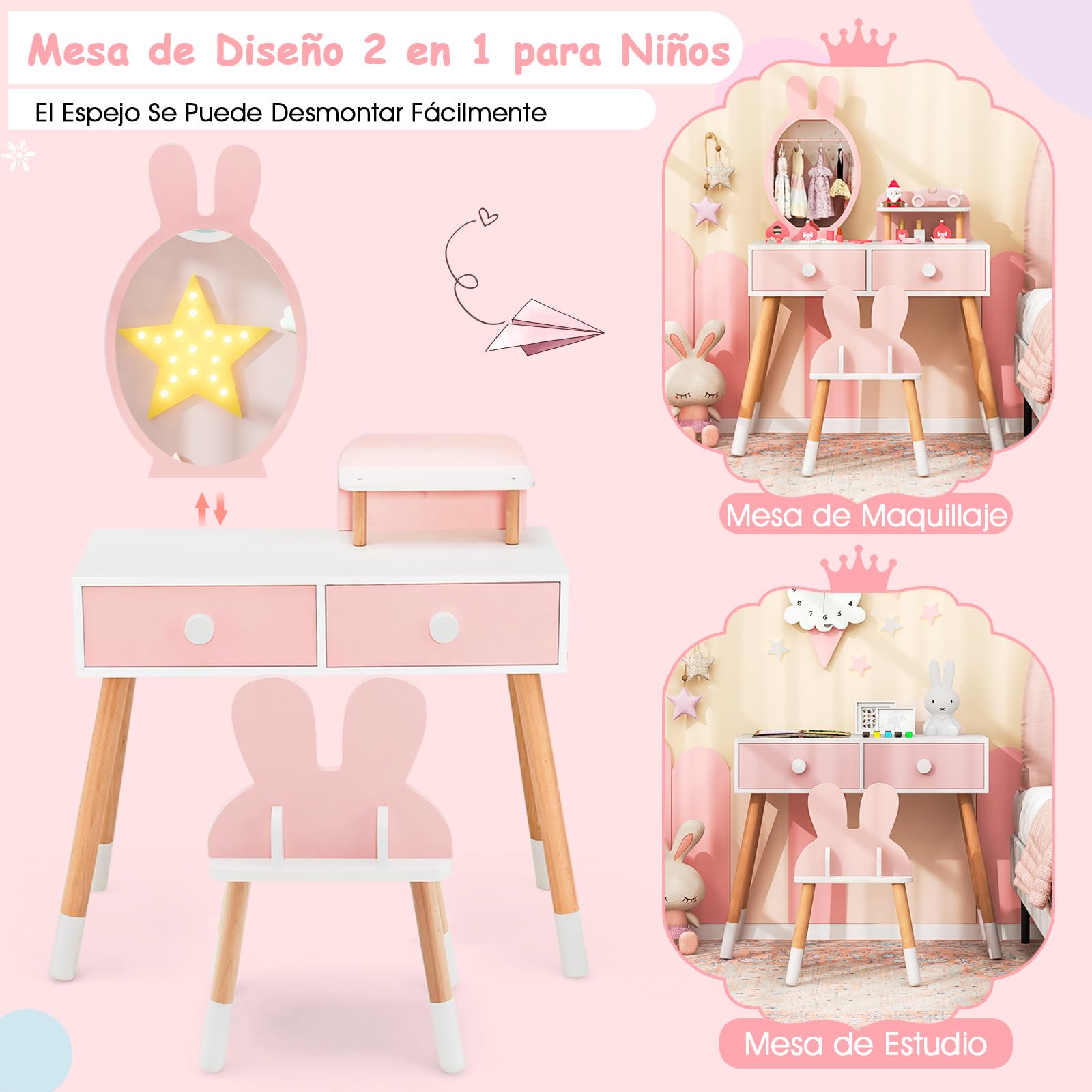 COSTWAY Tocador de Maquillaje de Princesa para Niña, Juego de Mesa y Silla, Escritorio Espejo 2 en 1 para, 2 Cajones y Estante, Juego de Tocador con Patas de Madera Maciza (Rosa)
