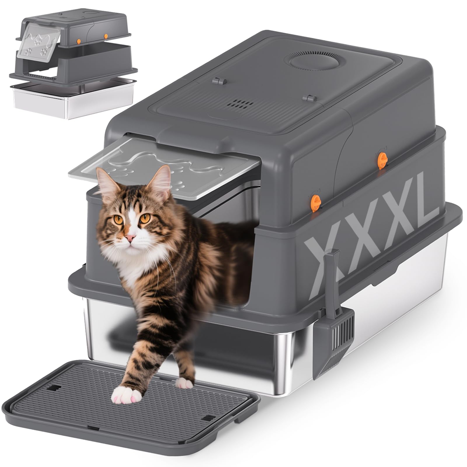 Homegroove XXXL Stainless Steel Cat Litter Tray with Lid, 70 x 50 x 45 cm, Extra Large Cat Litter Tray with Shovel and Foot Pedal, Closed Metal Cat Litter Tray for Large Cats and Multi-Cat Households
