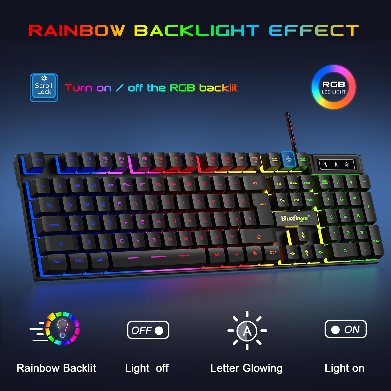 Teclado RGB para juegos y teclado retroiluminado y auriculares, teclado retroiluminado BlueFinger USB con cable retroiluminado, juego de ratón LED para juegos, auriculares con micrófono para