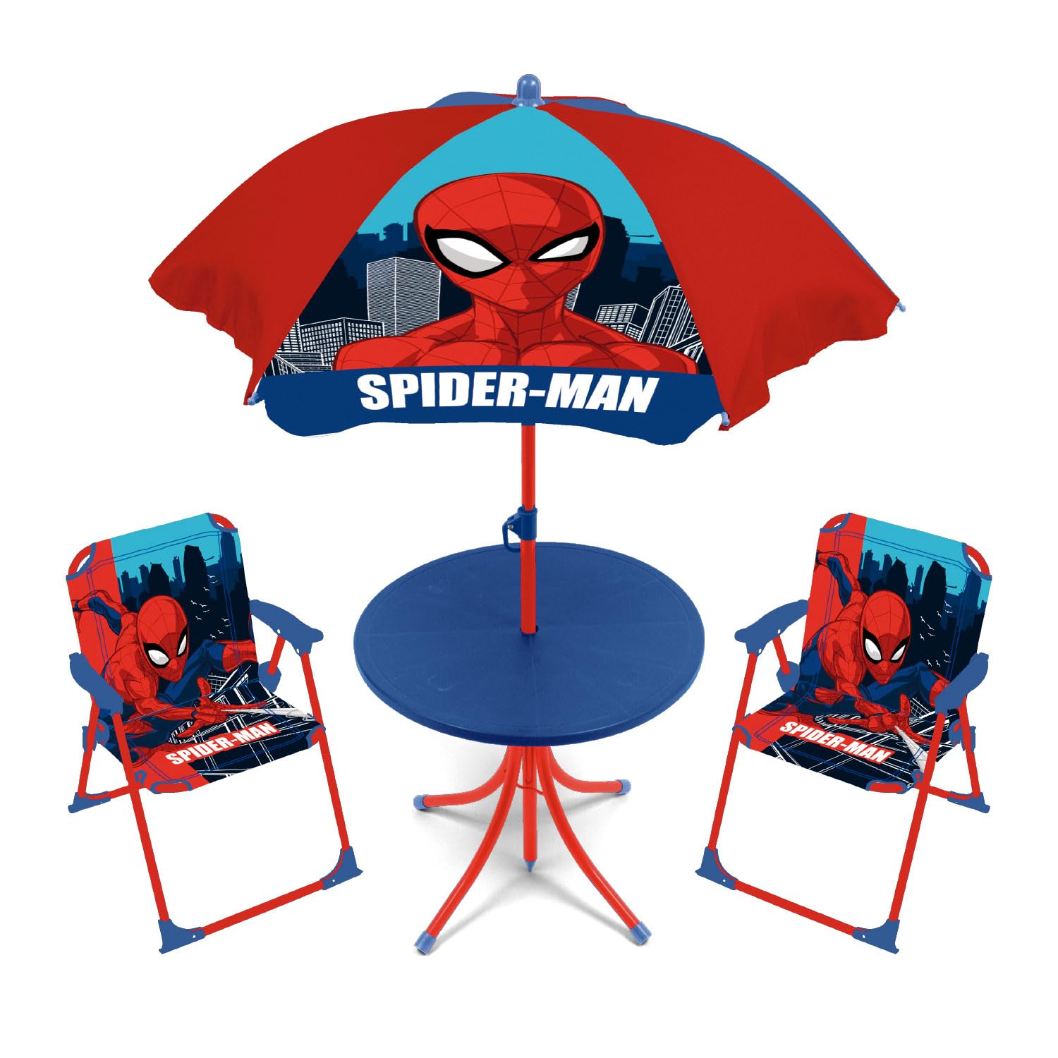 ARDITEX SM15950 Marvel-Spiderman Set de Table (50 x 50 x 48 cm), 2 chaises (38 x 32 x 53 cm) et Parasol (diamètre 110 cm)