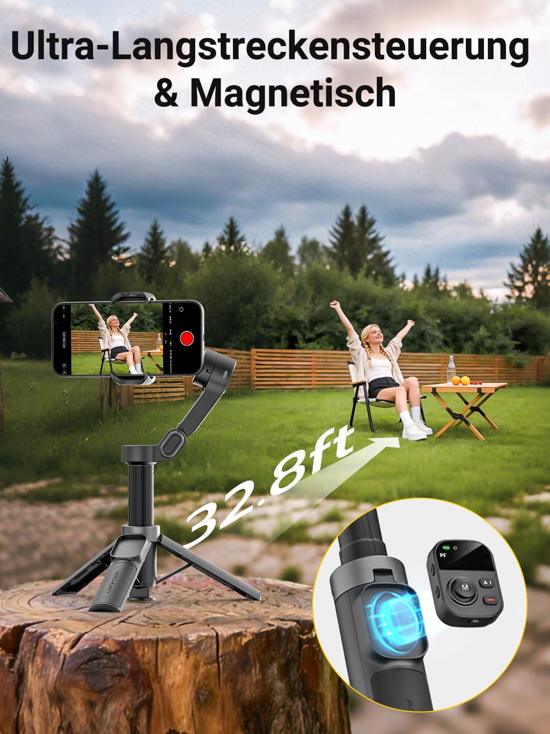 AOCHUAN 360° drehbarer Gimbal-Stabilisator für iPhone mit magnetischer Fernbedienung, Drei-Achsen-Stabilisator und 50 cm integrierter Verlängerungsstange, geeignet für Reisen, Live-Stream und Vlogging