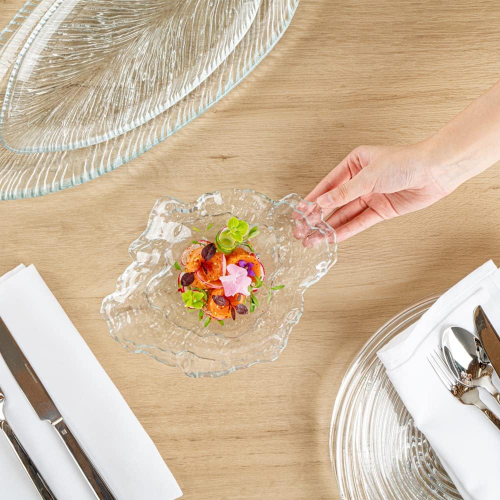 Restaurantware Vetri 8.9 x 6.7 x 1.8 Inch Glass Serving Dishes 6 Durable Unique Serving Dishes - Seashell Design Dishwashable Clear Glass Dinnerware For Hot & Cold Foods