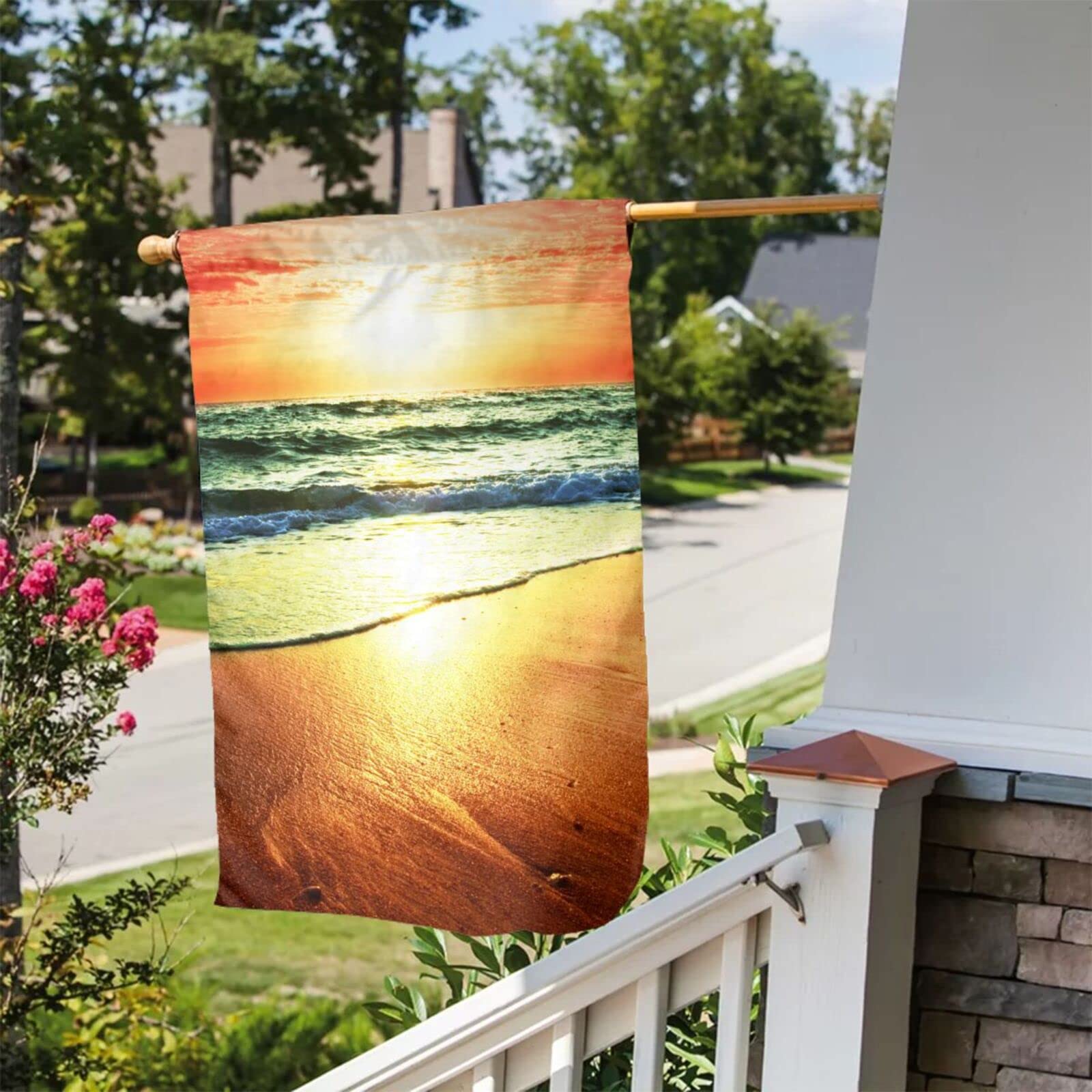 Sommer-Gartenflagge Mit Hunden & Rotem LKW – Doppelseitig, Wetterfest Für Pool, Garten & Veranda