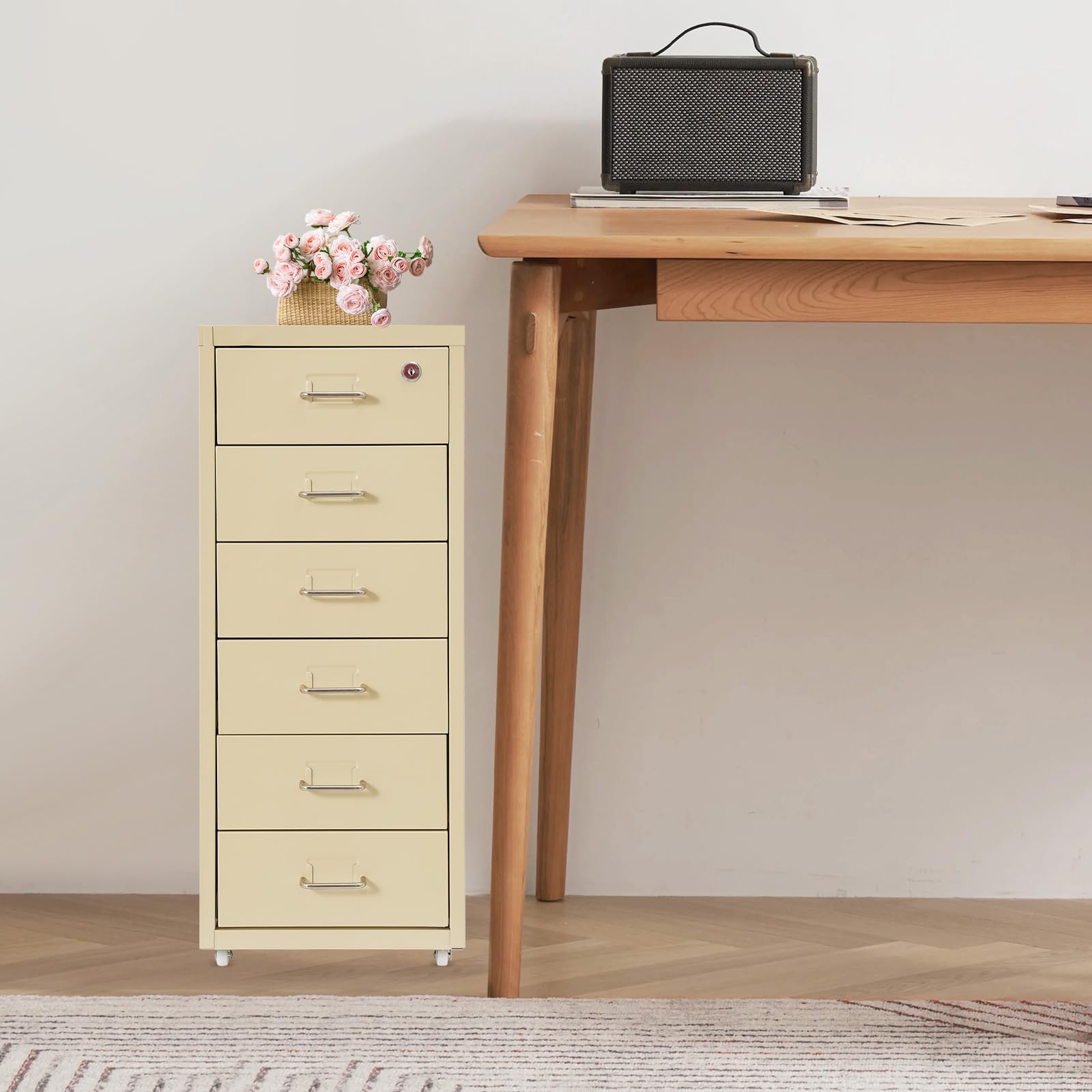 Armoire de classement à roulettes avec 6 tiroirs - En métal - Verrouillable - Armoire de bureau avec roulettes - Pour bureau et maison - 28 x 41 x 69 cm - Beige