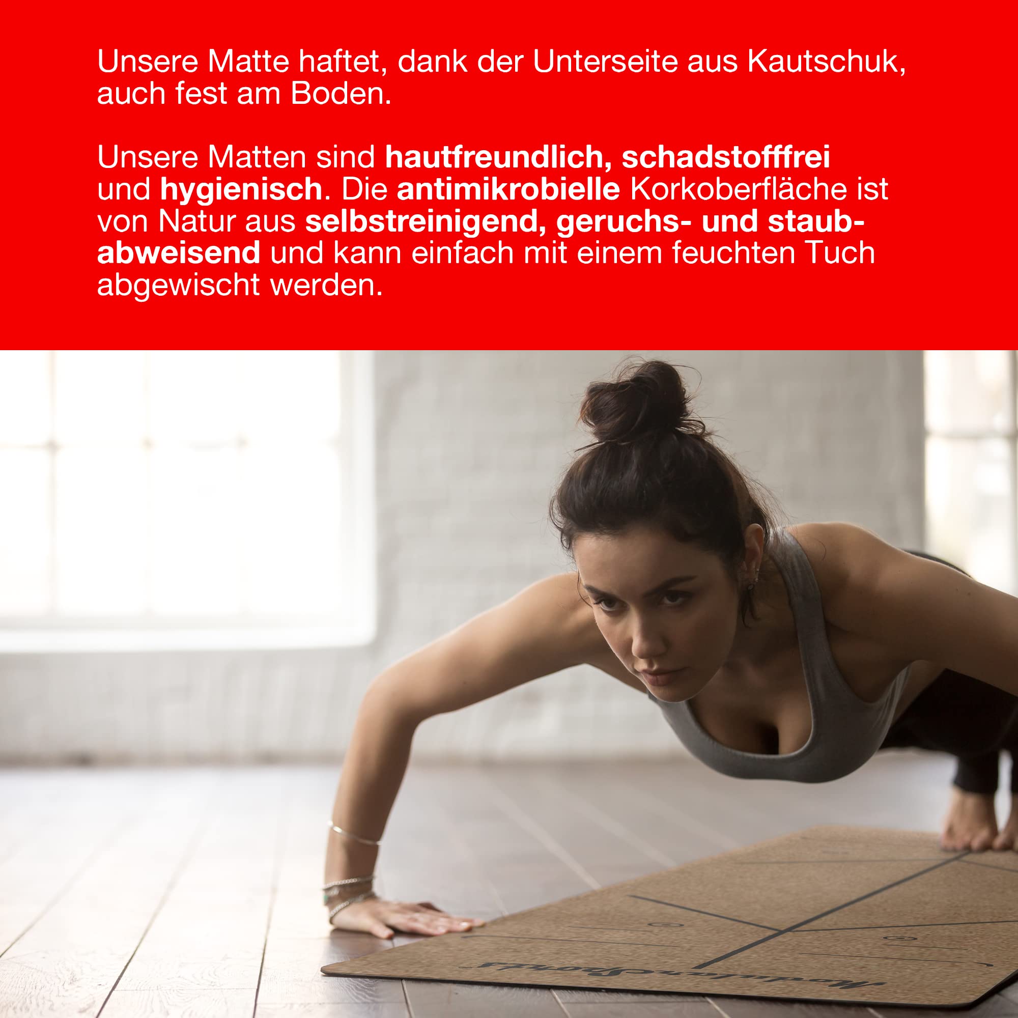 ModularSports esterilla de yoga de corcho con líneas de alineación / esterilla de yoga de corcho de caucho natural 180 x 60 cm / esterilla de yoga sostenible de corcho de 8 mm de grosor