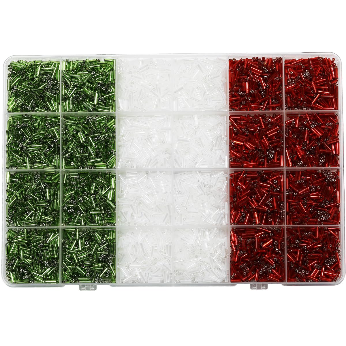 VOOMOLOVE 6mm Christmas Glass Bugle Tube Beads, About 5000 Pieces in The Box, a Mixture of 6mm Long Tube Beads in 3 Colors for Jewelry Making (3 Colors in Total)