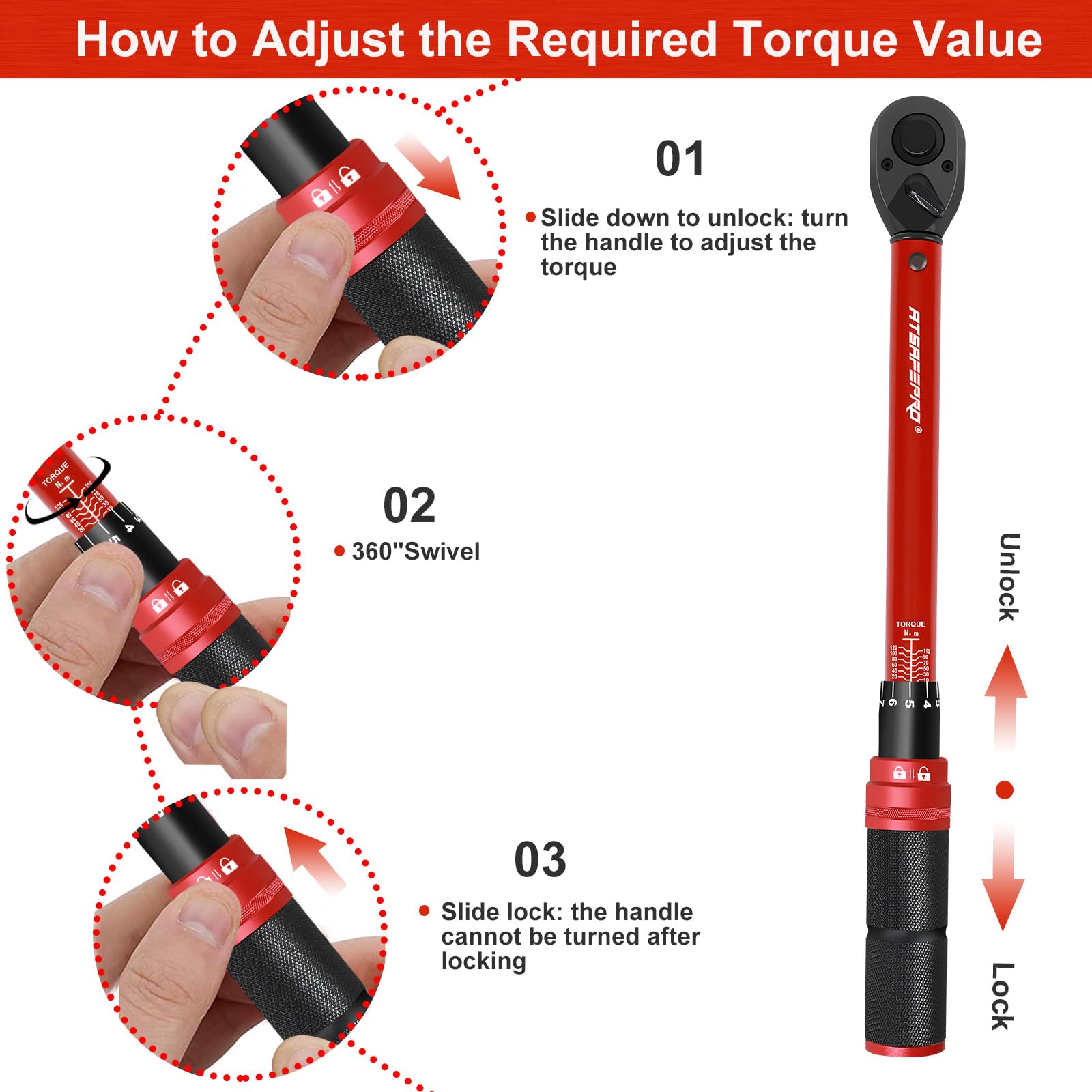 ATsafepro Torque Wrench 3/8 Inch, Dual-Direction Adjustable Bike Torque Wrench 10-120 Nm - Image 3