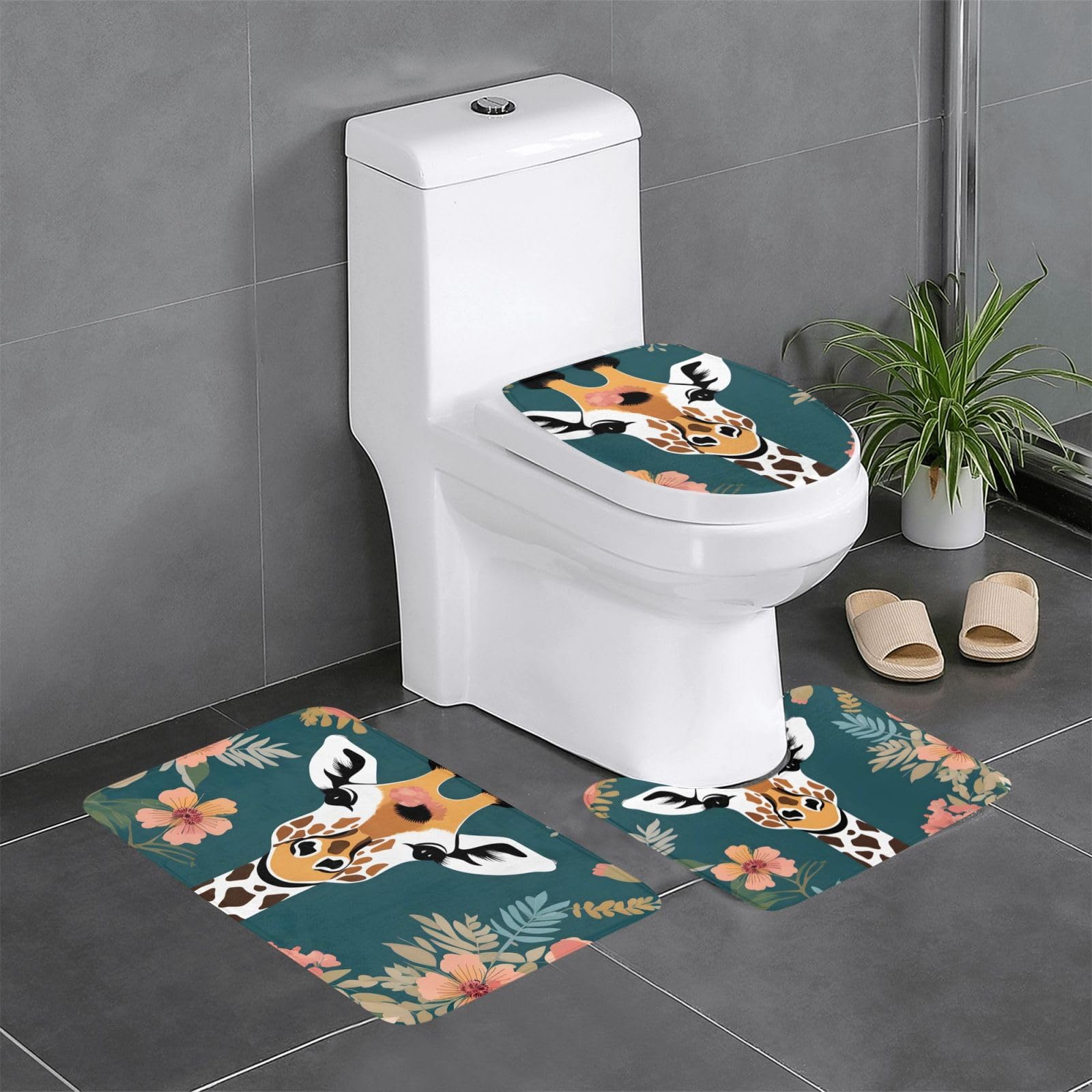 Tapis de salle de bain antidérapants girafe floral lot de 3 tapis contour