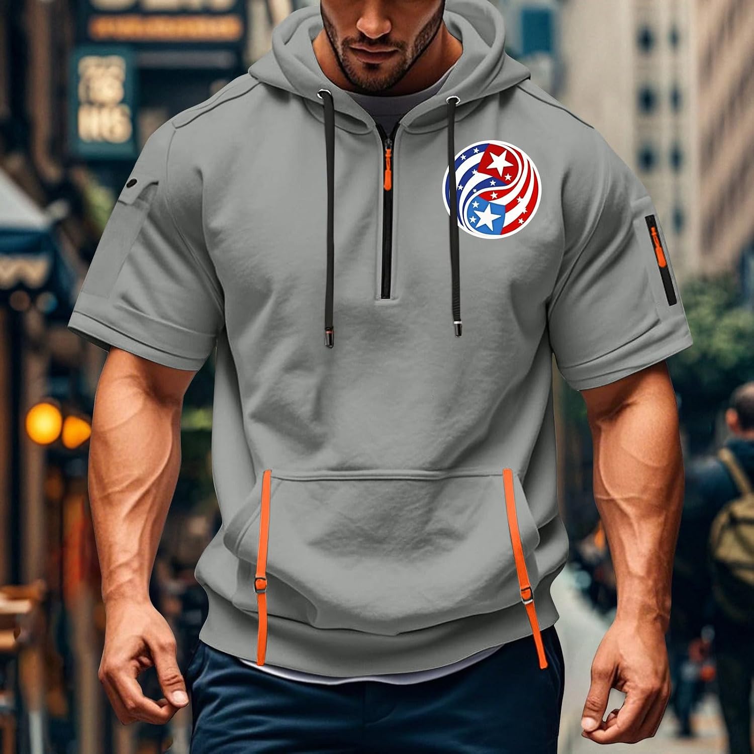 FQZWONG Hoodies for Men American Flag Stars Stripes Shirts 4th Of July Quarter Zip Tee Fashion Tactical Cargo Sweatshirt
