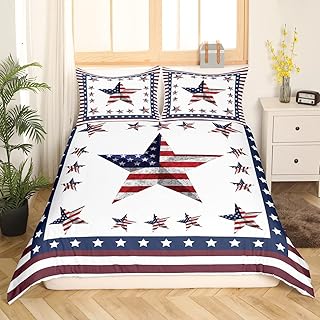 American Flag Style Bedding Set Kids America Stars Pattern Comforter Cover Set for Boys Girls Women Men Retro Geometric Duvet Cover Breathable Blue Red White Decor Bedspread Cover Full Size