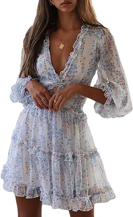 Happy Sailed Womens Summer Long Sleeve Dress 2023 Deep V Neck Ruffle Layer Swing Mini Dresses
