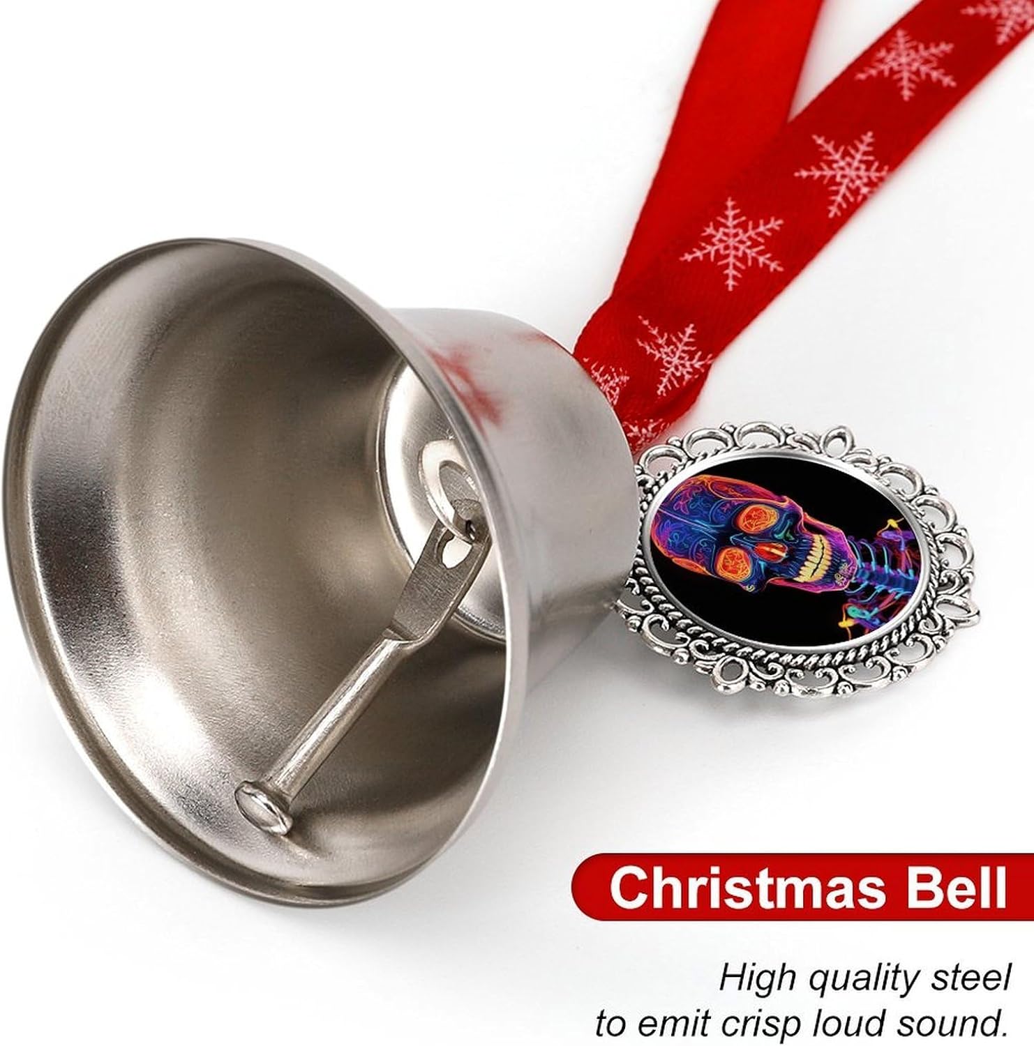 Skull Glowing Christmas Bells Ornaments Tree Jingle Bells Decors Xmas Silver Bell Hanging Decoration Pendants for Weddings Parties Christmas Wreaths