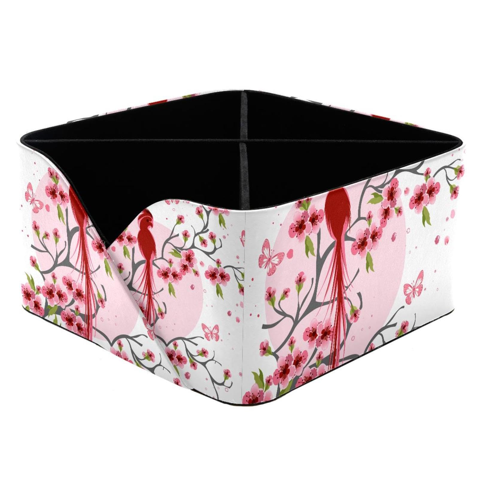 KengjuTesu Cherry Blossom and Bird Desktop Organizer Pen Holder, Rectangular Pencil Cup for Office, Study and Makeup Stations