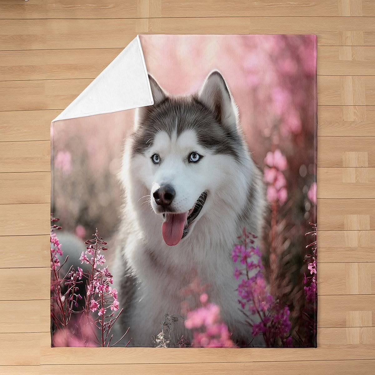 Cherry Dog Fleece Throw Blanket for Bed Sofa Couch,Kids Pet Dog Siberian Husky Floral Fleece Flannel Fuzzy Blanket All Season Bed Blanket,Pink Cherry Blossom Room Decor Plush Blanket Twin 60"x80"
