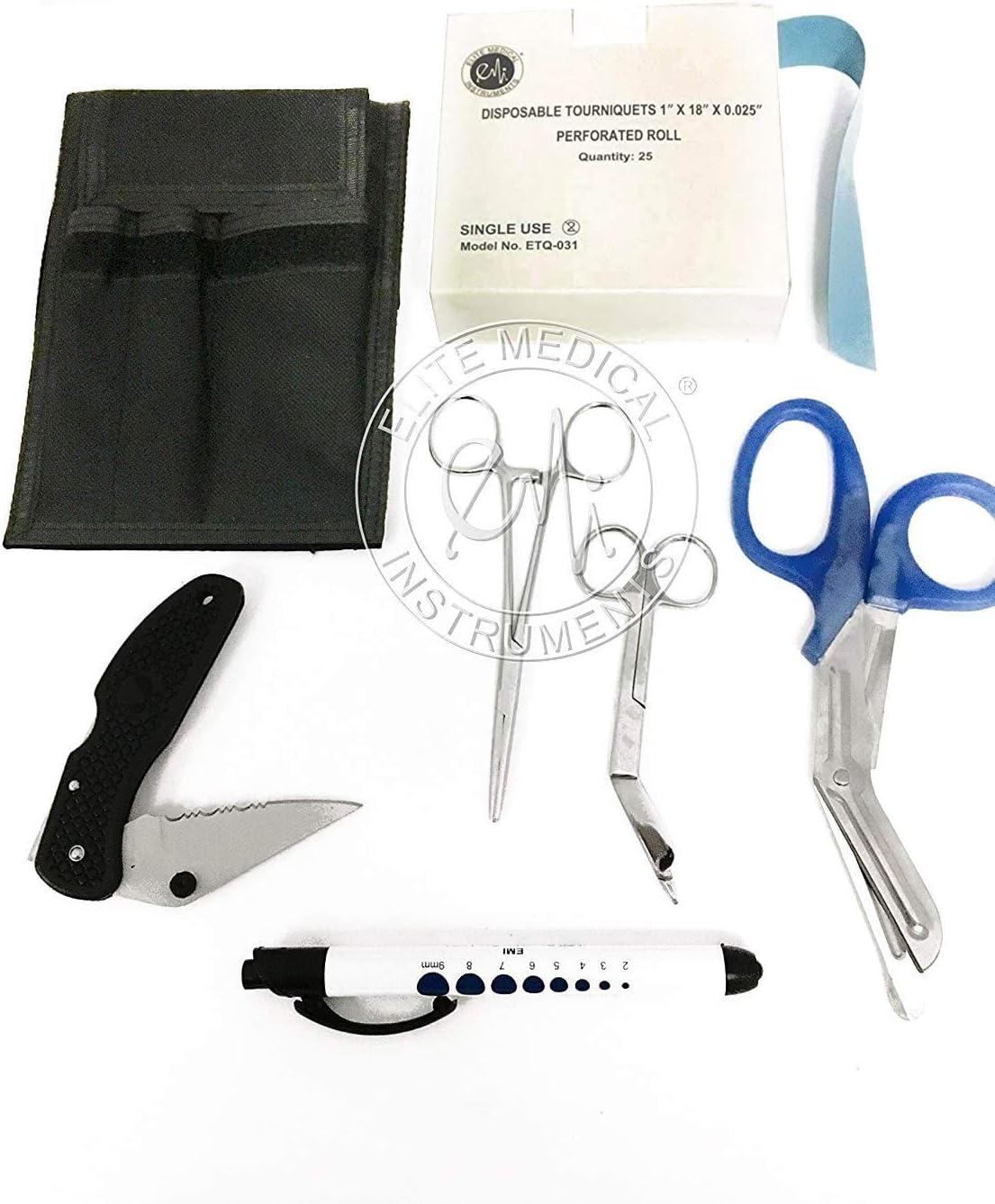 EMI EMT 7 Piece Kit Responder Holster Set Includes Responder Holster, Kelly Straight Forceps, Medical Shears, Reusable Penlight, Lister Bandage Scissors, Disposable Tourniquets and Knife