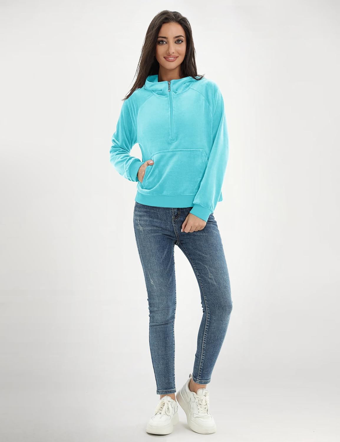 YUCOLEN Women's Cropped Hoodie Velour Half Zip Sweatshirt with Pocket Long Sleeve Fleece Pullover Cozy Casual Clothes - Image 6