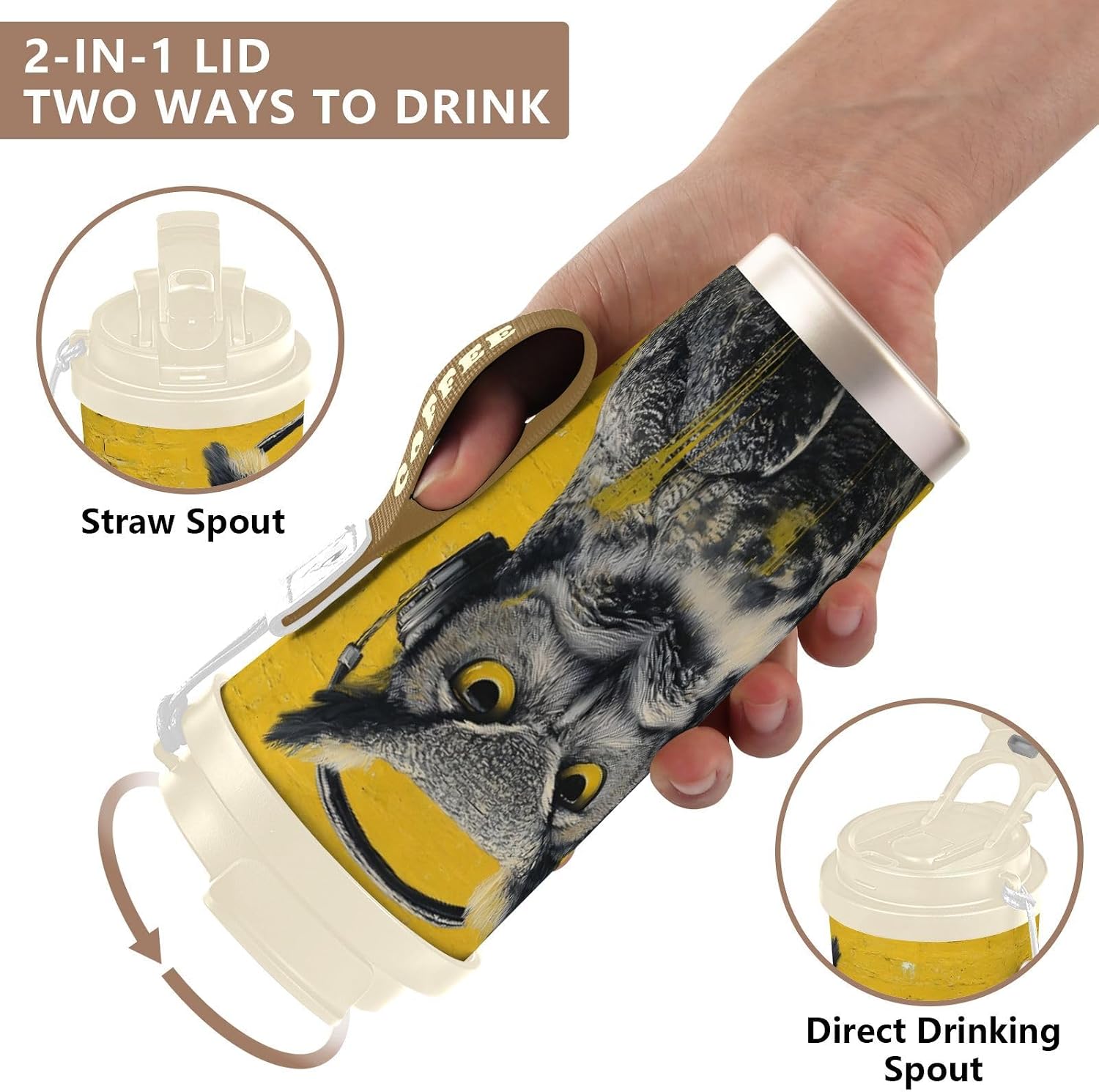 Owl Headphone Insulated Coffee Mug with Straw & Flip Lid, 16.9oz Iced Tumbler Cup, Double Wall Vacuum Mug for Travel Office