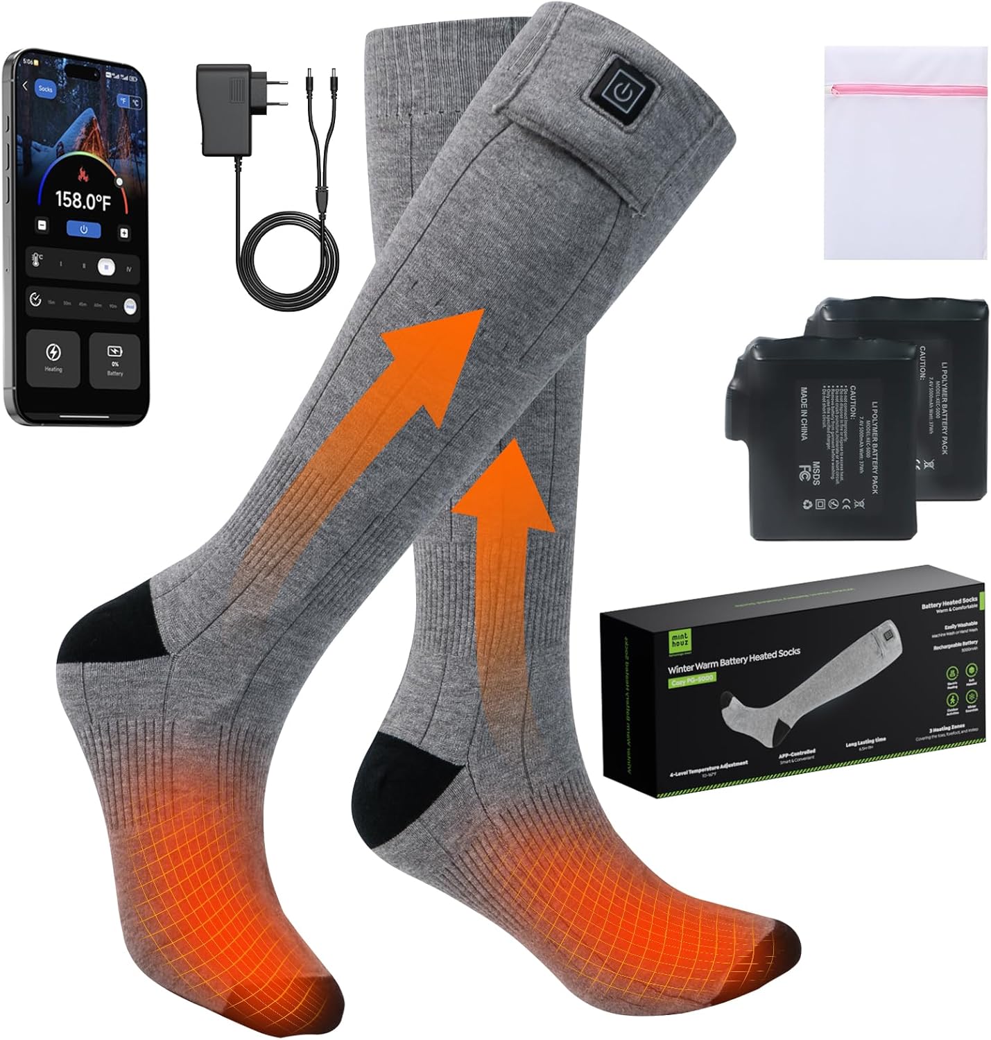 Minthouz Calze riscaldabili con controllo app, 5000 mAh, ricaricabili, per uomo e donna, calze elettriche lavabili contro i piedi freddi, ideali per sci e escursioni