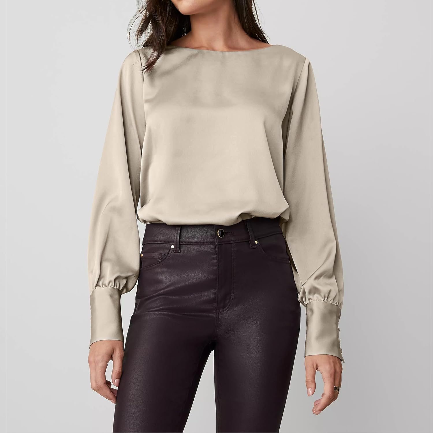 SUNNOW Womens Light Mink Crew Neck Blouse Satin Long Sleeves Top Office Work Business Casual Shirt - Image 5