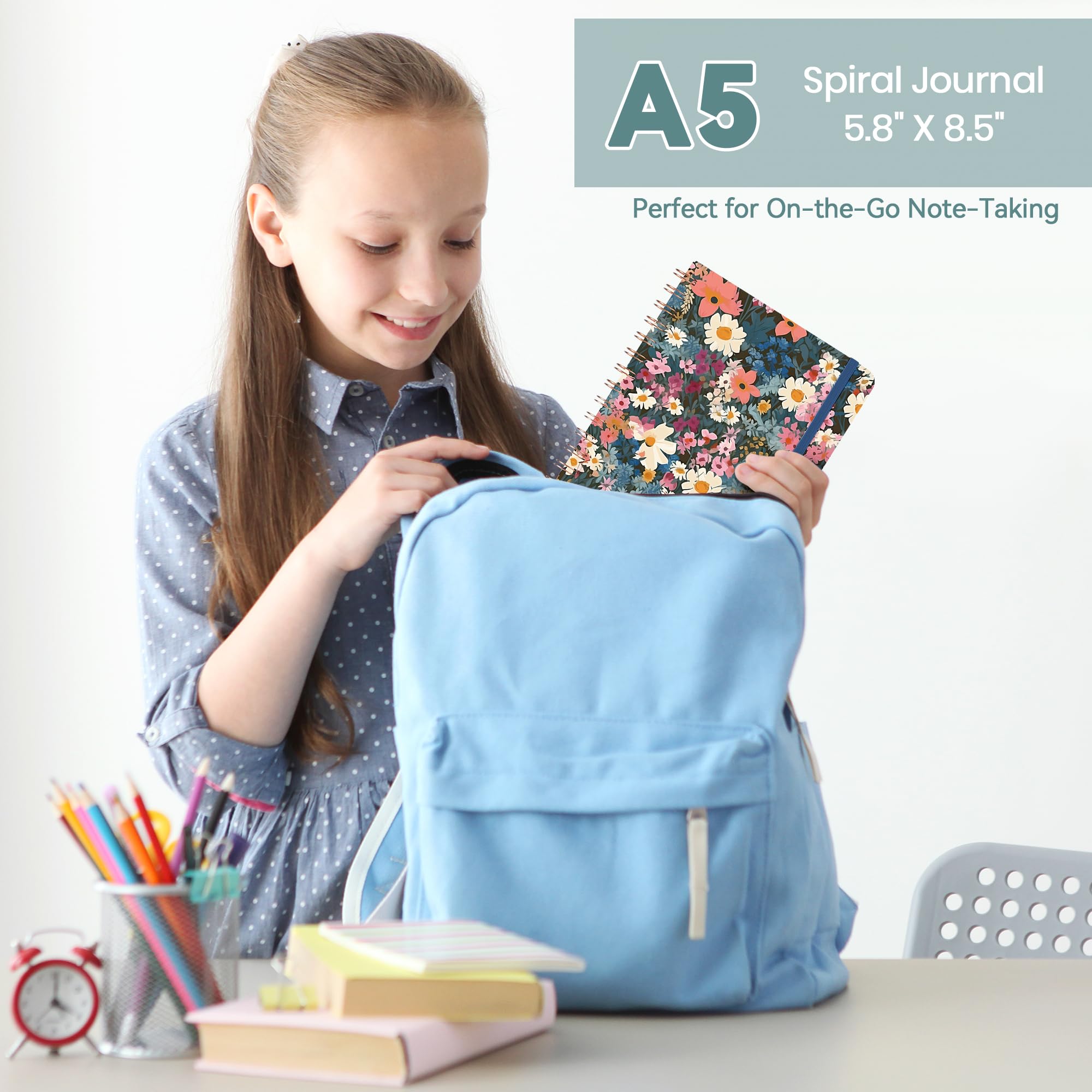 Cuaderno de espiral rayado, cuaderno A5 con rayas universitarias para diario, tomar notas y planificación diaria, tapa dura duradera con un diseño elegante, flores silvestres