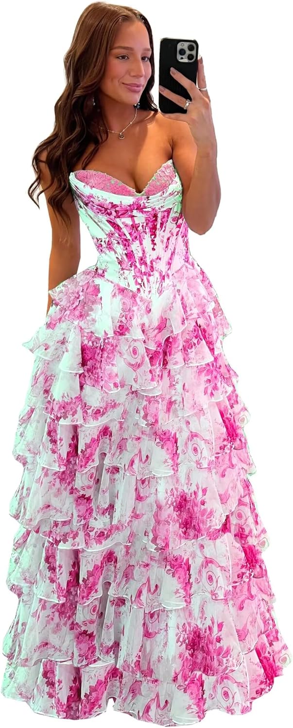 Wchecalino Strapless Tiered Floral Print Prom Dresses Long 2026 Corset Ruffle Formal Evening Gown with Slit